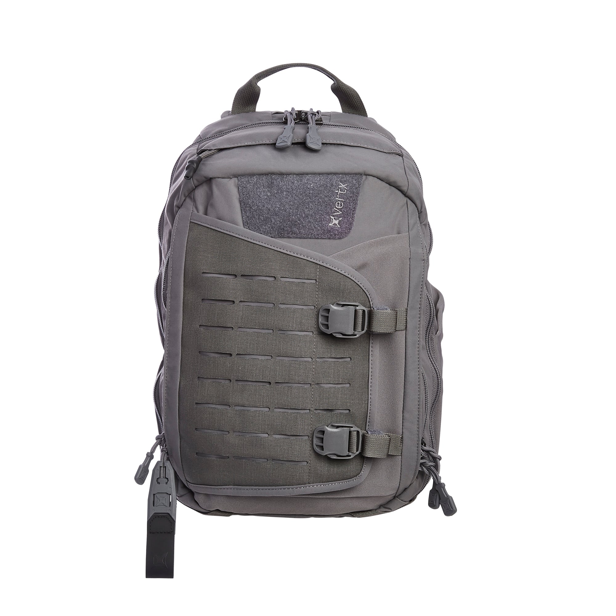 Photograph of a Vertx dark grey tactical sling backpack on a white studio background with a textured logo patch, laser-cut MOLLE webbing, and two adjustable quick-release buckles