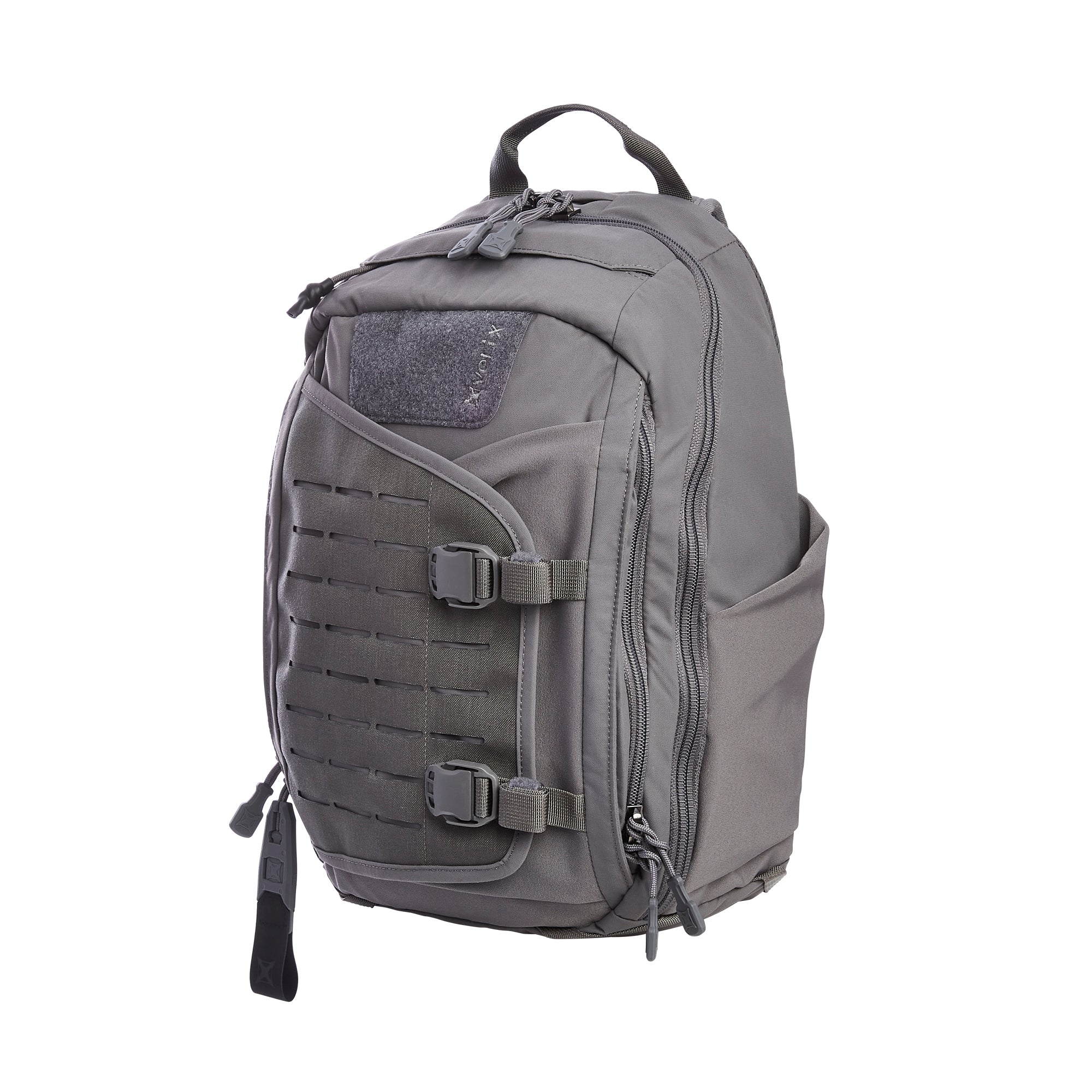 Photograph of a gray tactical backpack featuring MOLLE webbing, quick-release buckles, a velcro patch area with XVORIX branding, and multiple zippered compartments with pull tabs