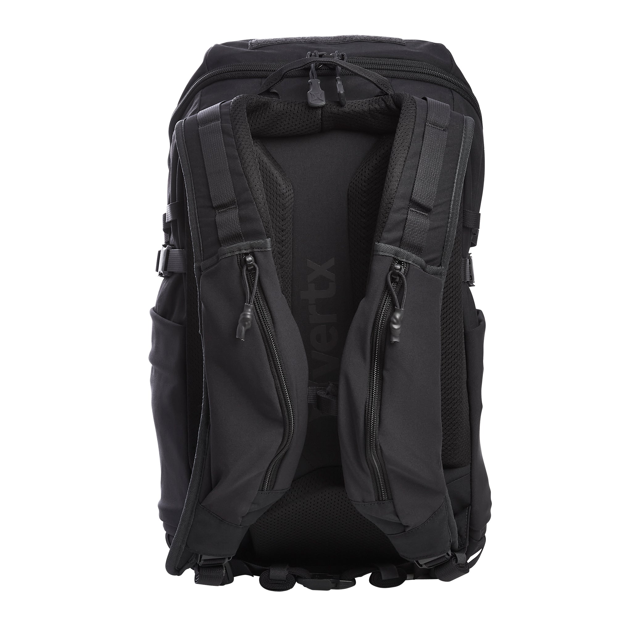 Vertx black tactical backpack isolated on white featuring a padded mesh back panel zippered shoulder strap pockets and a debossed Vertx logo