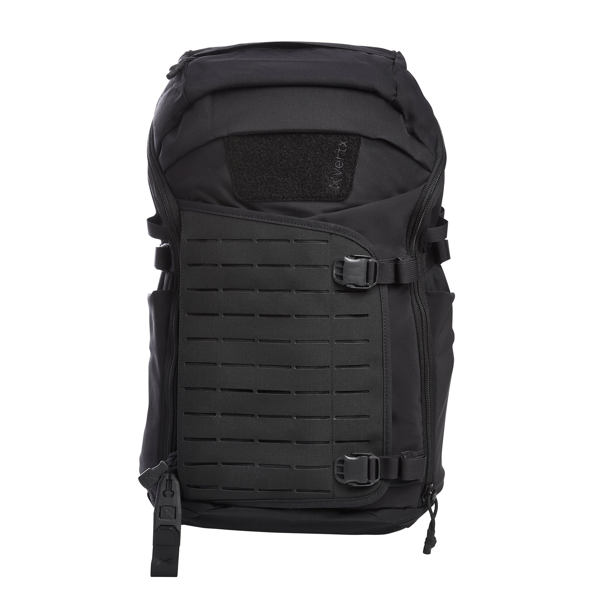 Product photo of a Vertx black tactical backpack on a white background featuring a laser-cut MOLLE panel a subtle Vertx logo and multiple plastic buckles