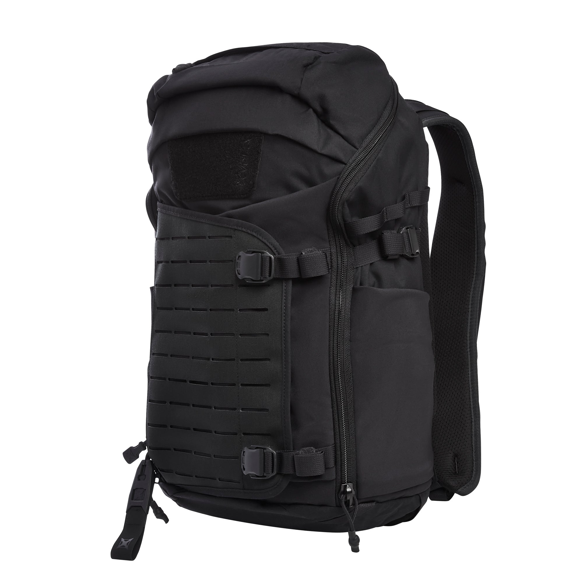 Studio photograph of a sleek black tactical backpack featuring a laser-cut MOLLE panel, adjustable buckles, and a prominent vertical zippered pocket on a clean white background