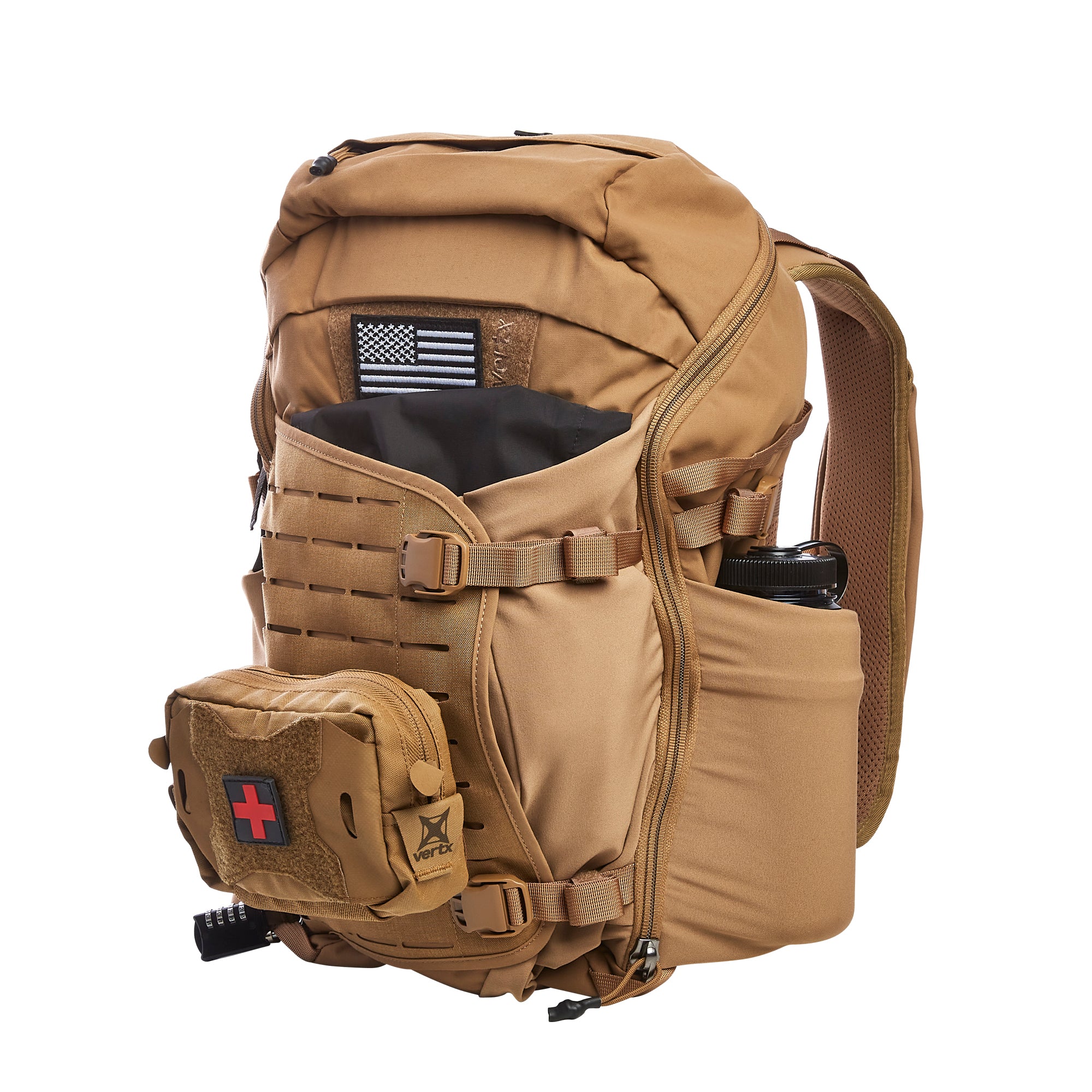 Photograph of a coyote tan tactical backpack featuring a subdued black and white US flag patch, a red cross medical patch on an attached utility pouch, and the Vertx logo clearly visible