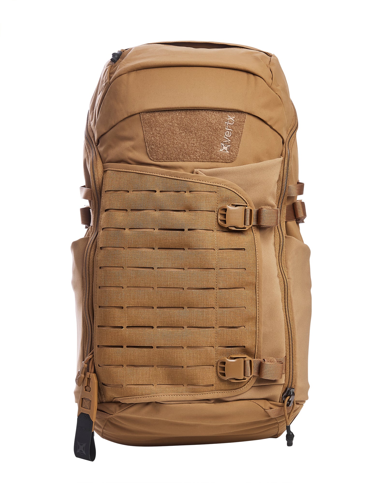 Photography of a tan Vertx tactical backpack featuring a laser-cut MOLLE panel, hook-and-loop patch panel, and tan buckle closures on a white studio background