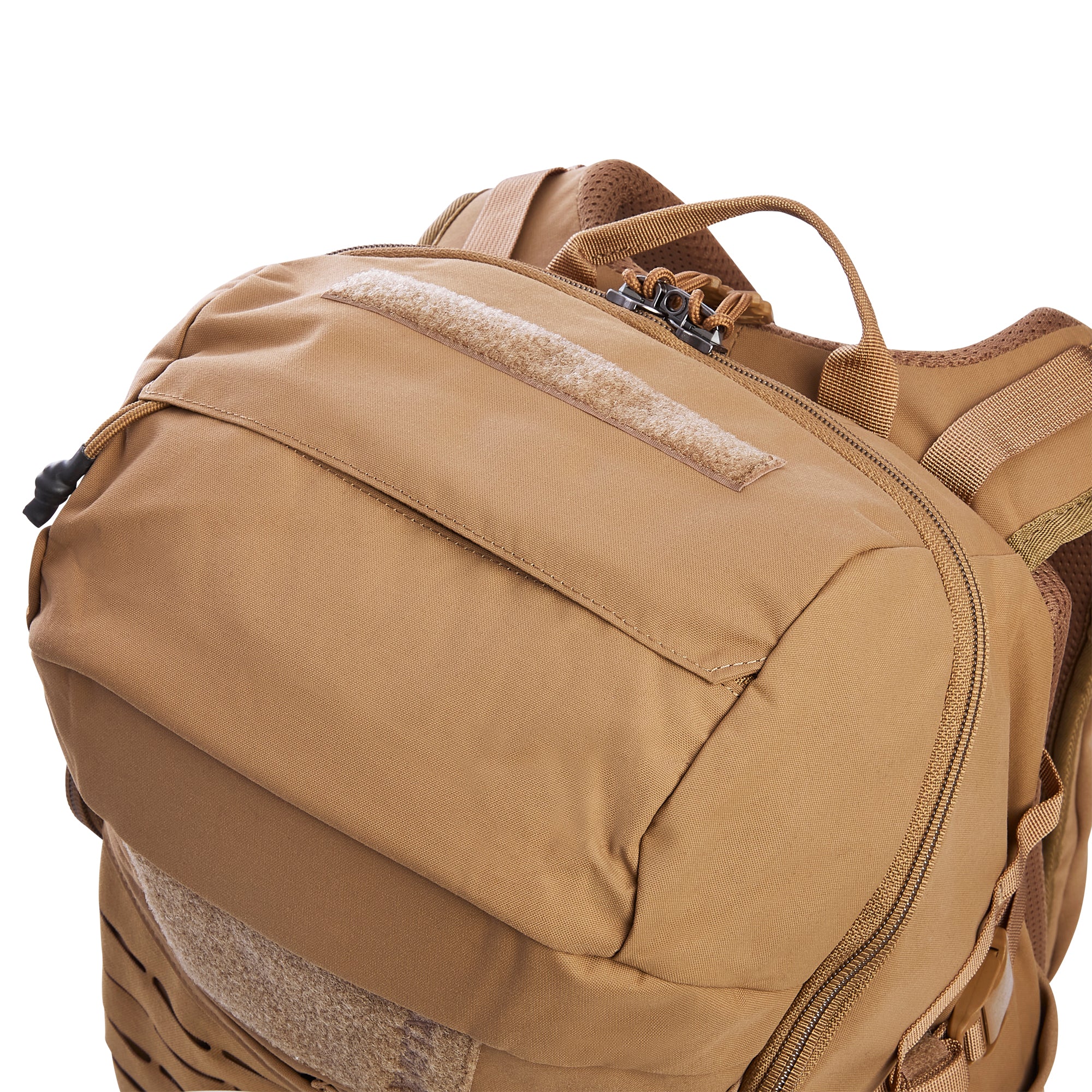 Product photography of a coyote brown tactical backpack with a front hook-and-loop patch, durable webbing, and zippered main compartment