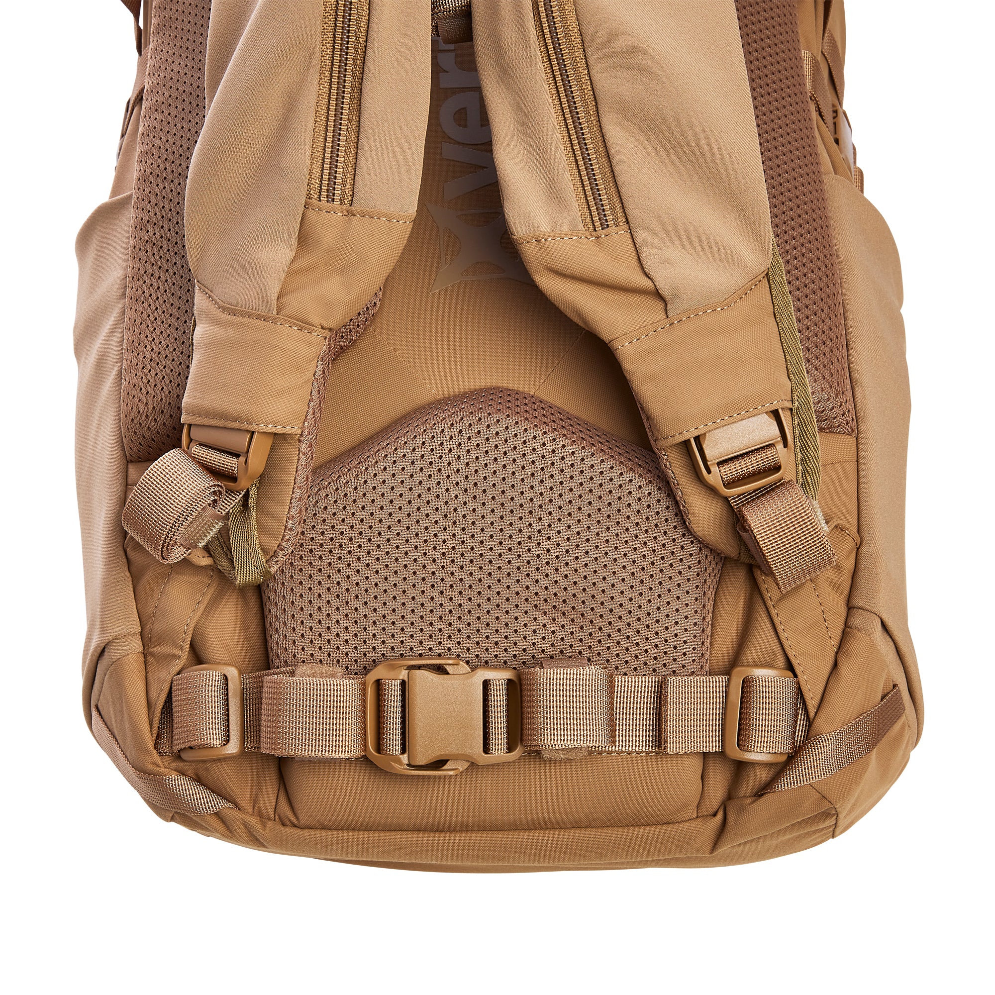 Product photography of a coyote brown tactical backpack's back featuring padded shoulder straps, a perforated mesh back panel, adjustable quick-release buckles, and a subtle Veritas brand logo