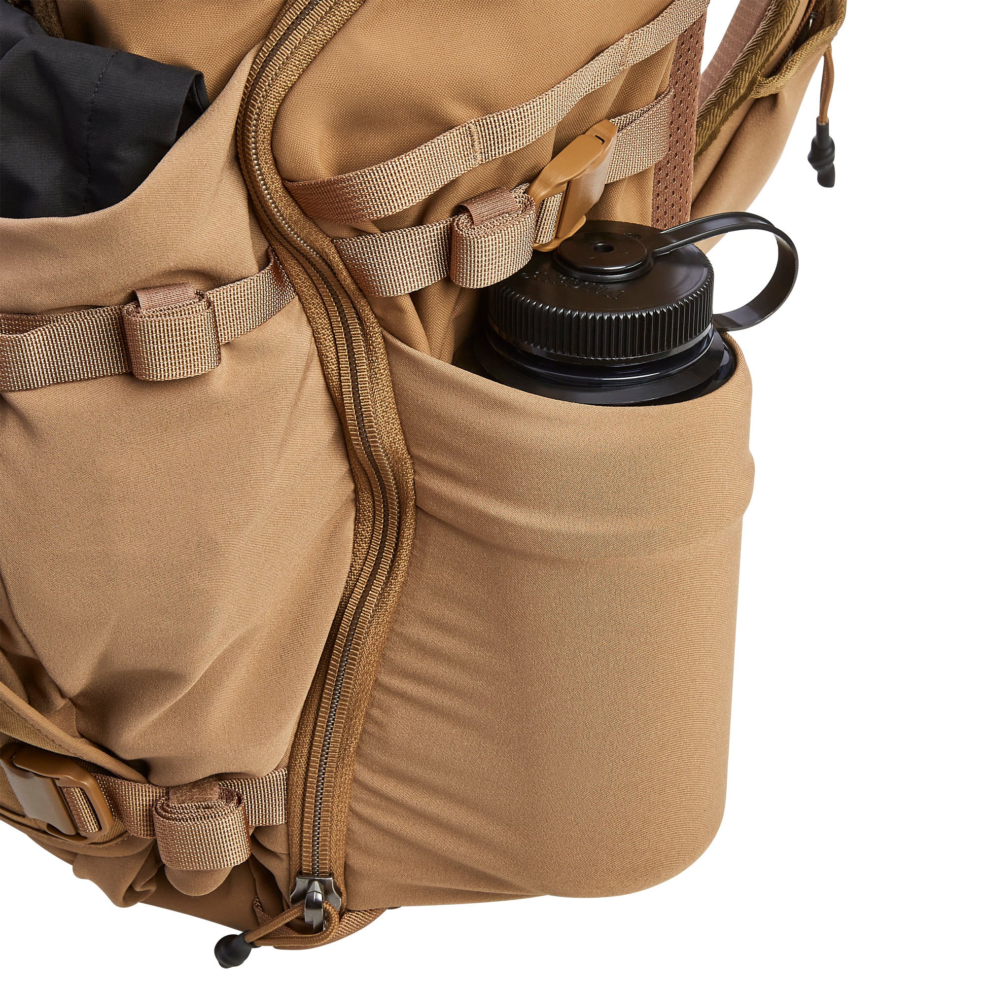 Digital photograph of a durable coyote tan hiking backpack featuring a black Nalgene water bottle securely tucked into a side pocket, visible webbing straps, and a prominent zippered compartment