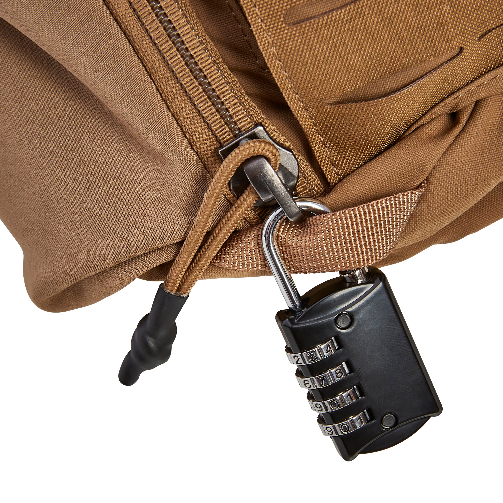 Close-up of a brown tactical canvas bag featuring a dark grey four-digit combination padlock with a silver shackle attached to a brown nylon webbing loop, alongside a brown corded zipper pull with a black end