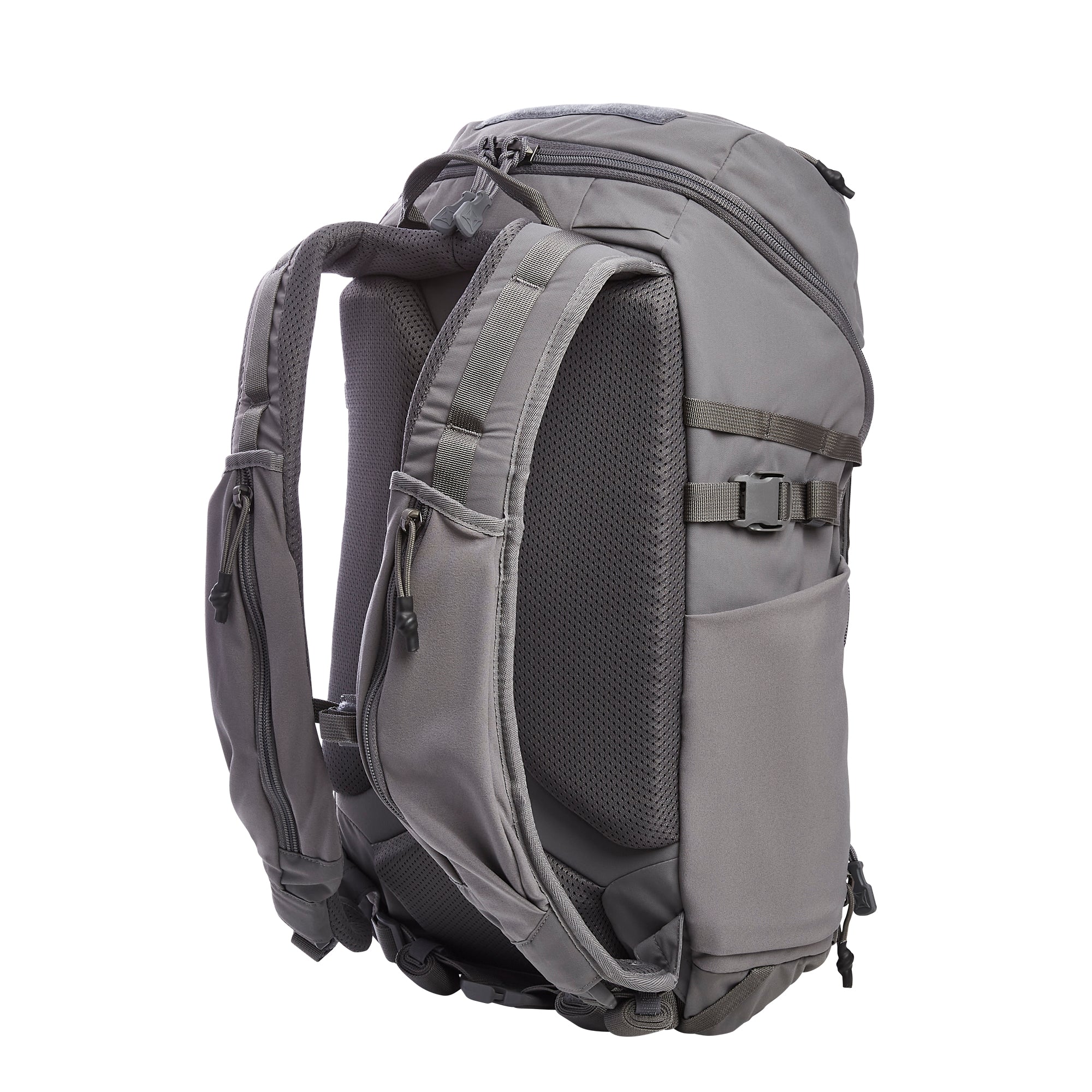 Grey tactical backpack featuring a padded mesh back panel, adjustable shoulder straps, and multiple zippered compartments in a studio shot on a white background