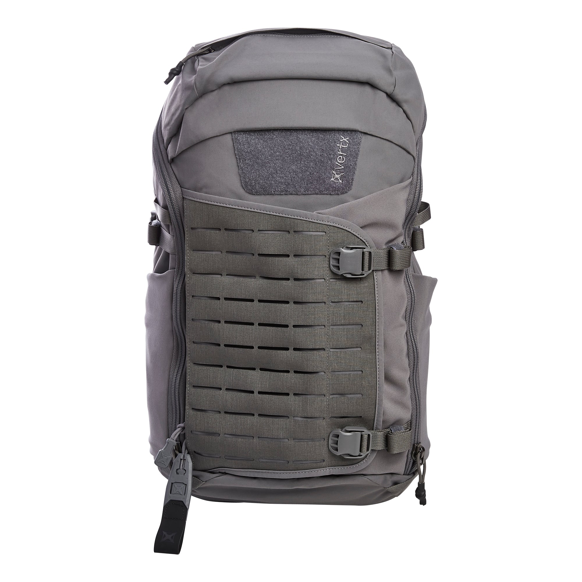 Product photo of a sleek grey Vertx tactical backpack against a clean white background, showcasing its laser-cut MOLLE panel, adjustable buckles, and subtle embroidered Vertx logo