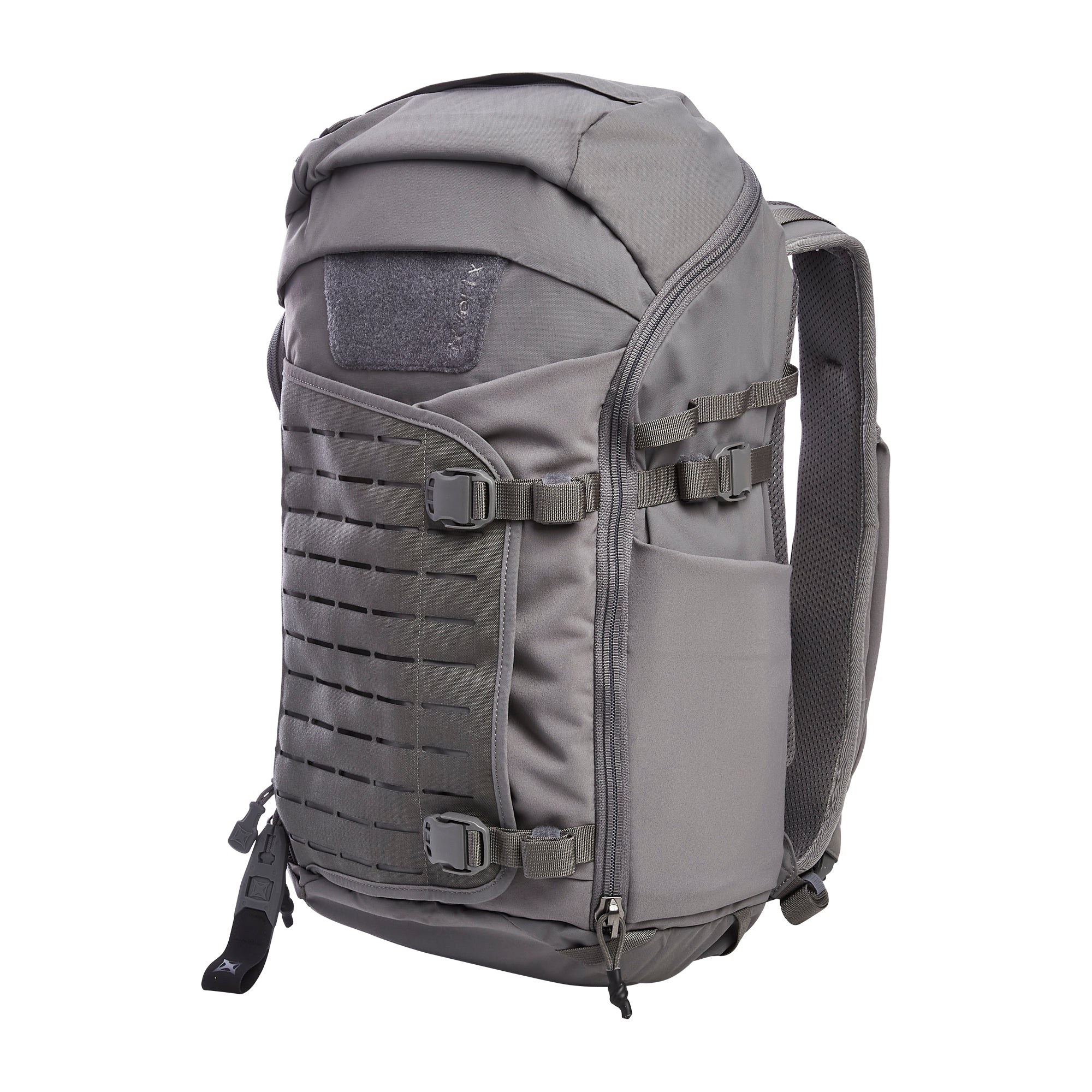 Digital product photography of a grey tactical backpack featuring a laser-cut MOLLE webbing panel, front velcro patch, side compression straps, and padded mesh shoulder straps