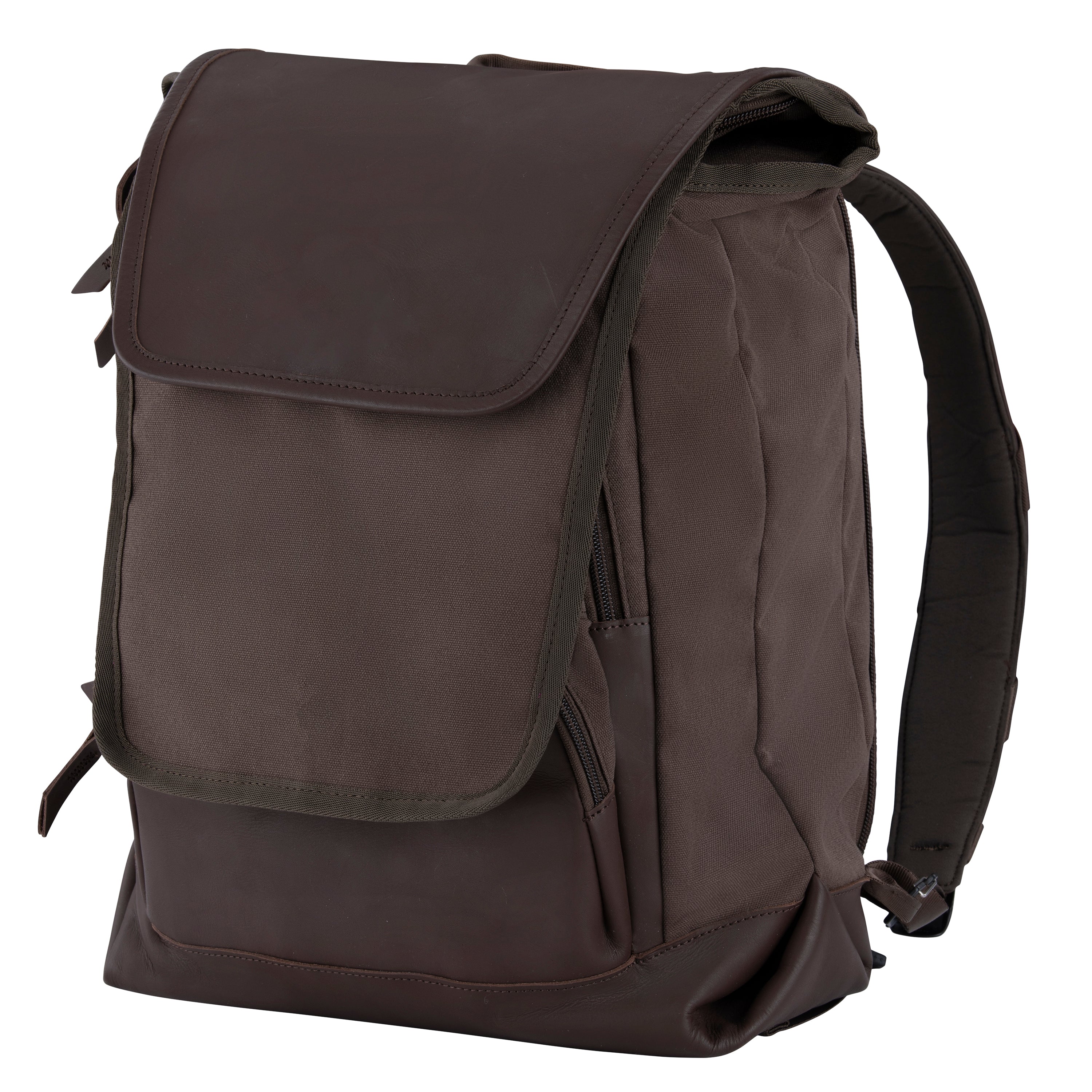 Product shot of a brown canvas and leather backpack featuring contrasting stitching, padded shoulder straps, and multiple zippered compartments