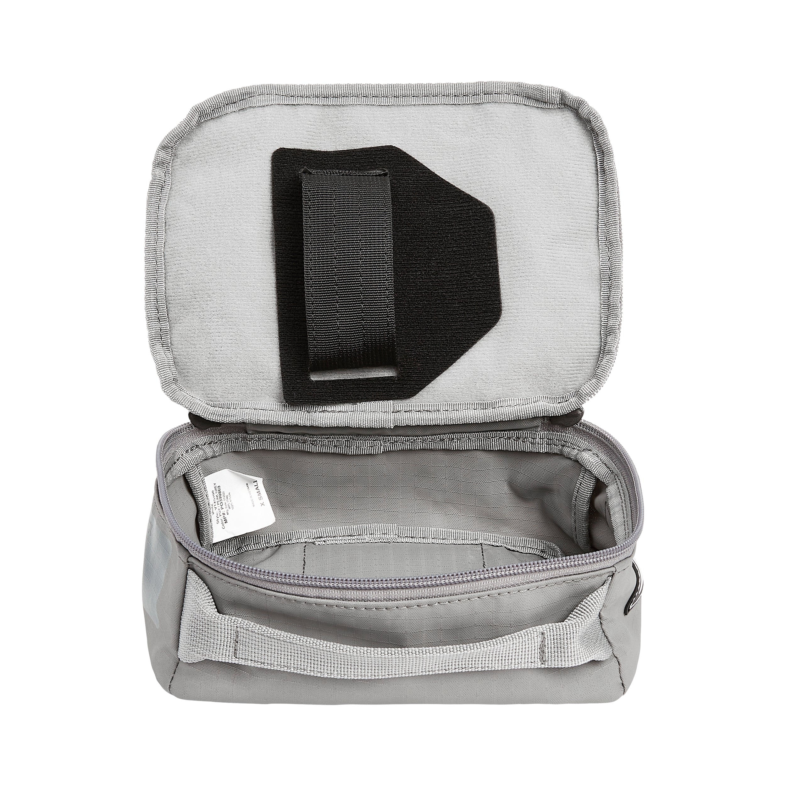 Product shot of a grey Vertx small zippered pouch featuring a black interior divider and light grey accents along the edges and handle