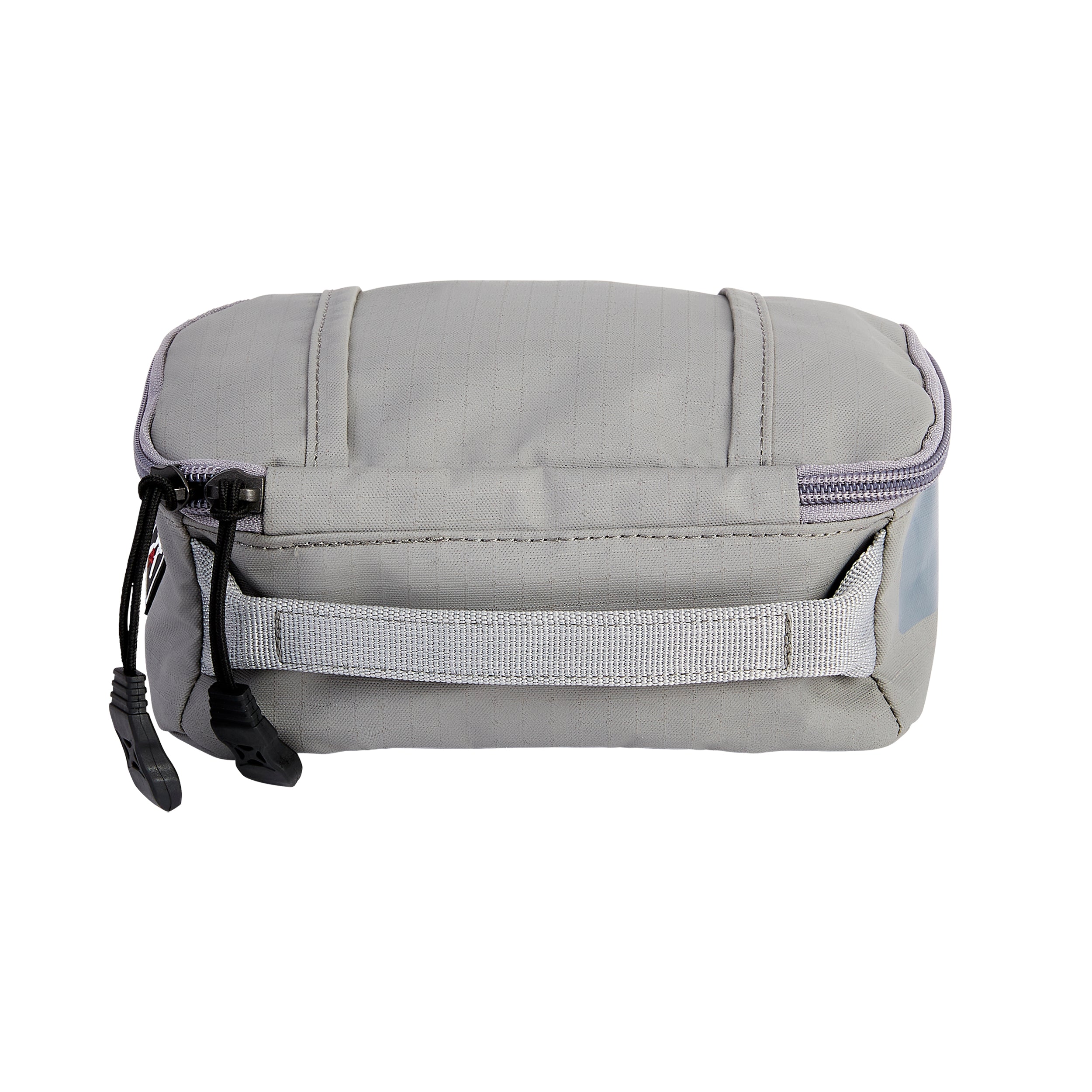 Product shot of a gray zippered travel bag with a light gray carry handle and black cord pulls showcasing a subtly textured fabric and sleek design