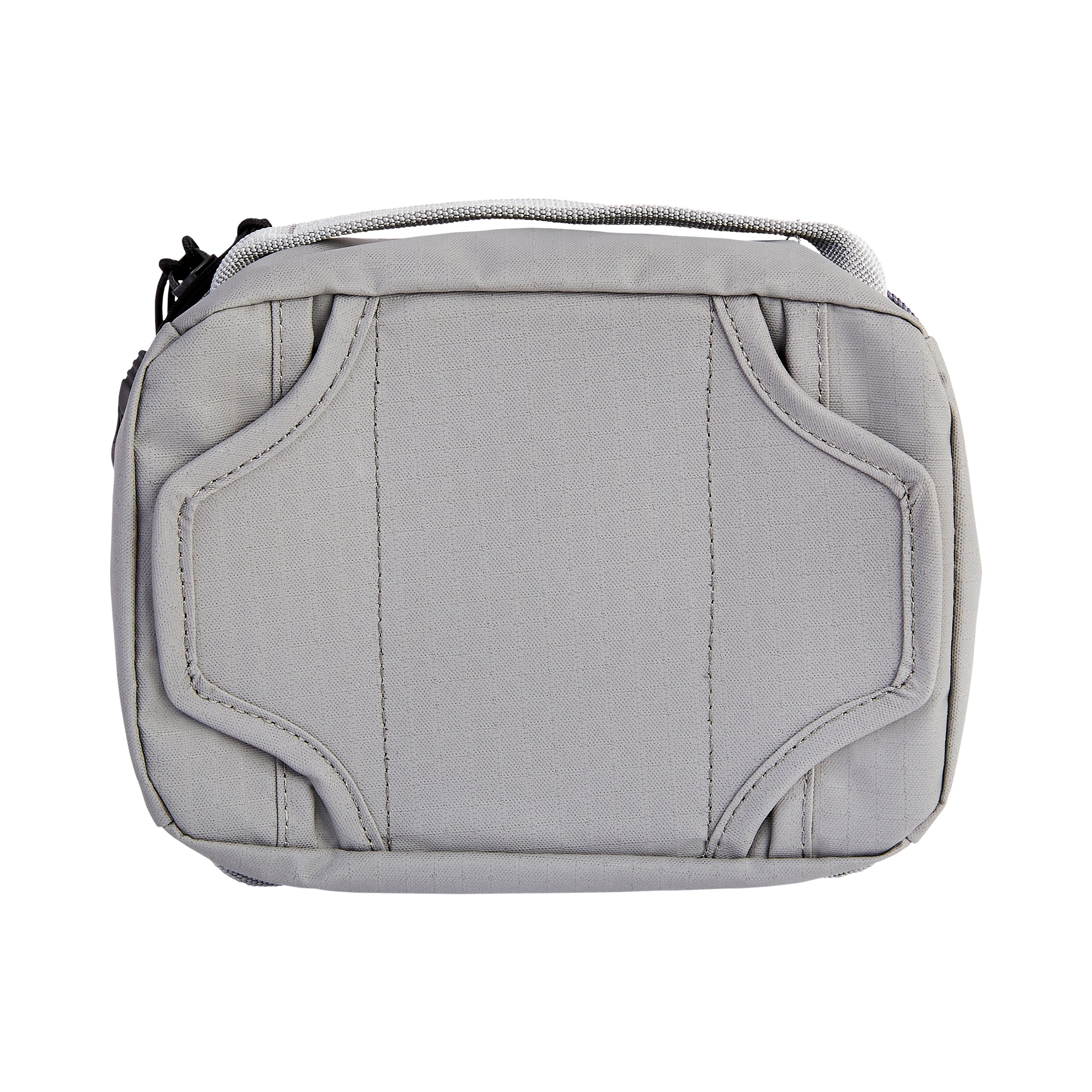 Product shot of a gray fabric travel bag with a top handle, zipper closure, and contrasting stitching details