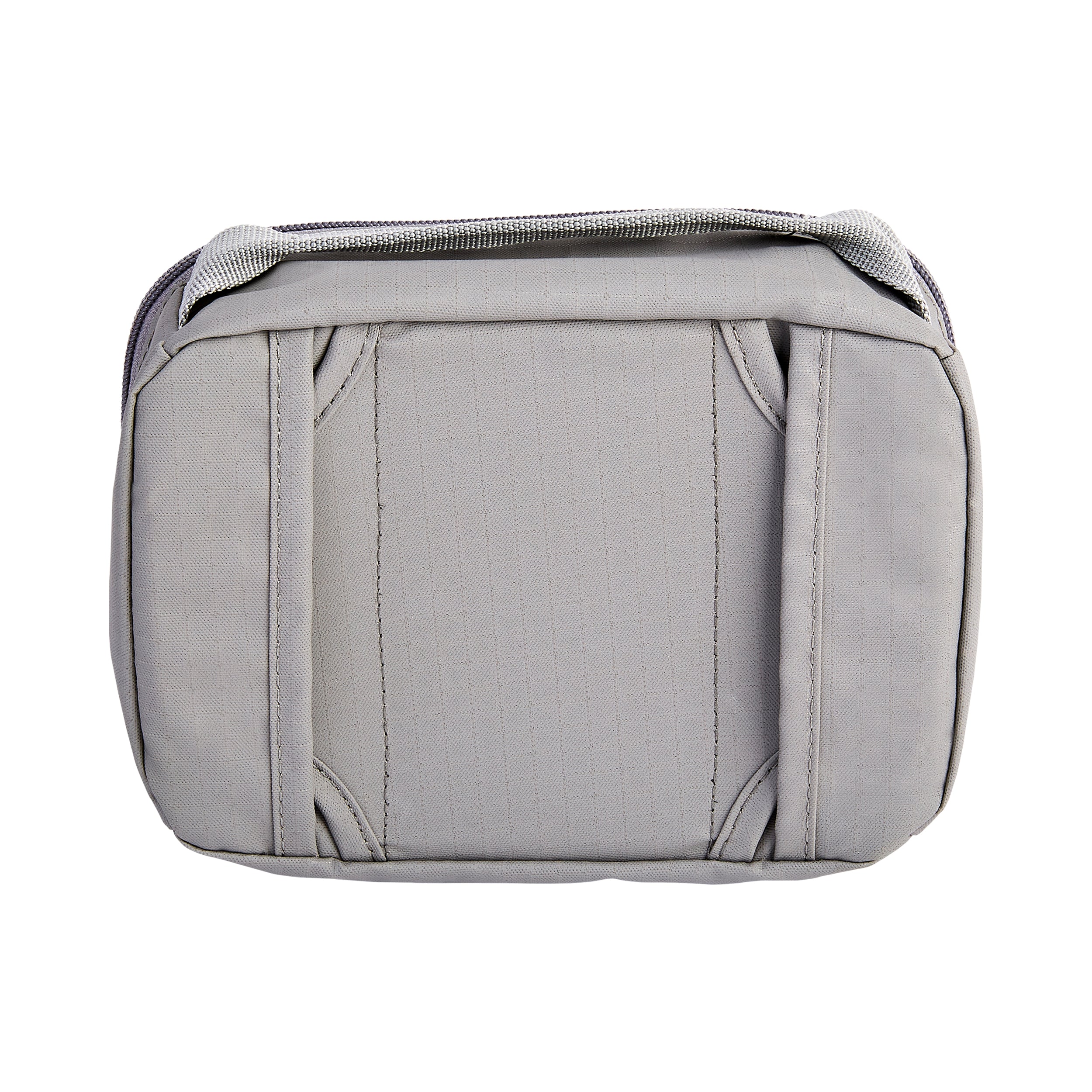 Product shot of a gray fabric travel bag featuring a top handle, zipper closure, and subtle stitching details