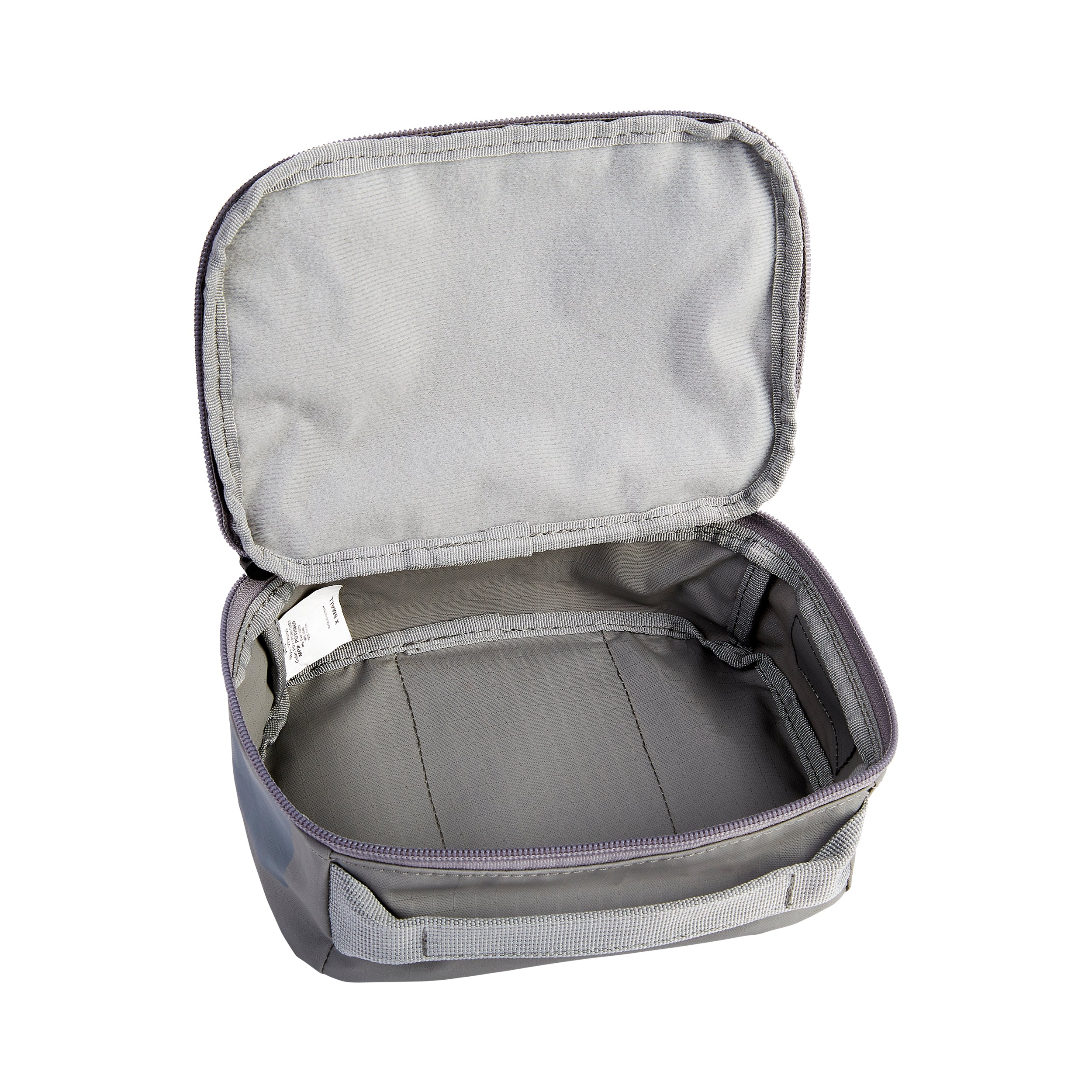 Product photography of an open gray zippered pouch featuring a light gray interior and reinforced stitching details along the zipper and carrying handle