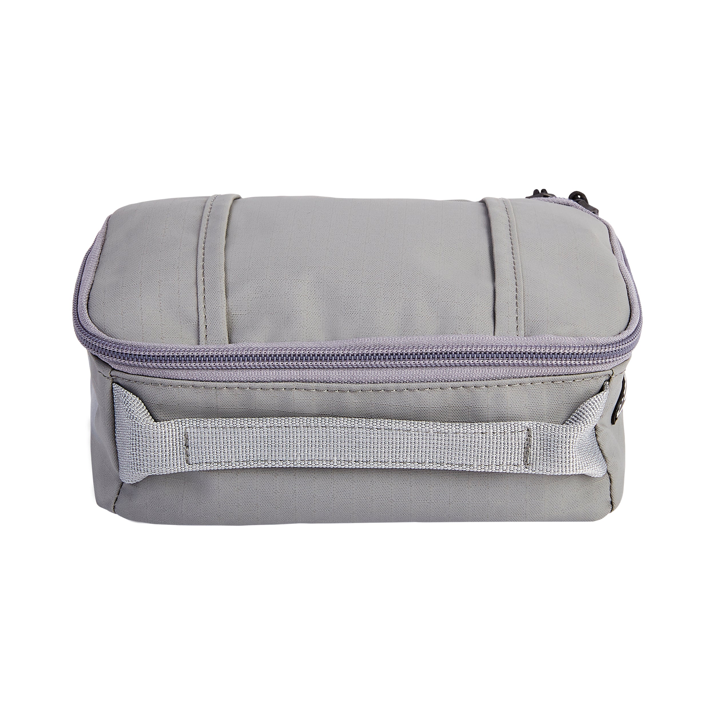 Product shot of a gray zippered travel cosmetic bag featuring a light gray carrying handle and subtle textured fabric