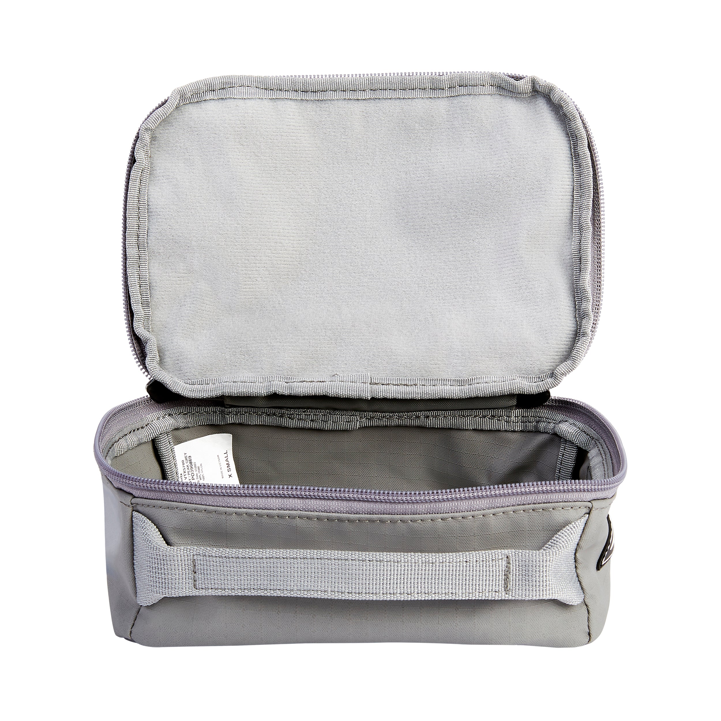 Product photography of a grey Vertx small zippered pouch featuring a light grey interior lining a contrasting zipper and a sturdy light grey webbing handle