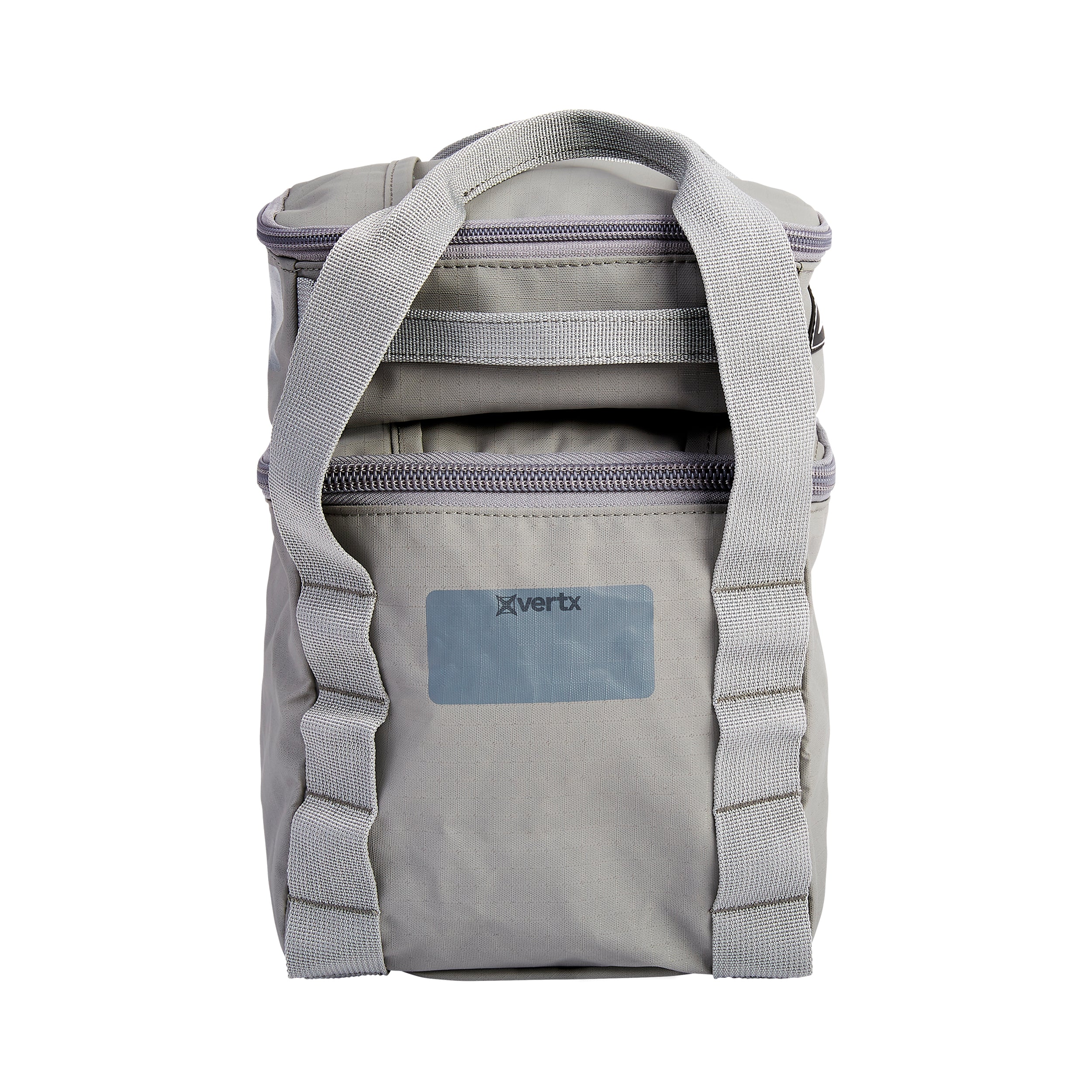 Product shot of a Vertx gray insulated lunch bag featuring a top handle, two zippered compartments, and reinforced side straps.