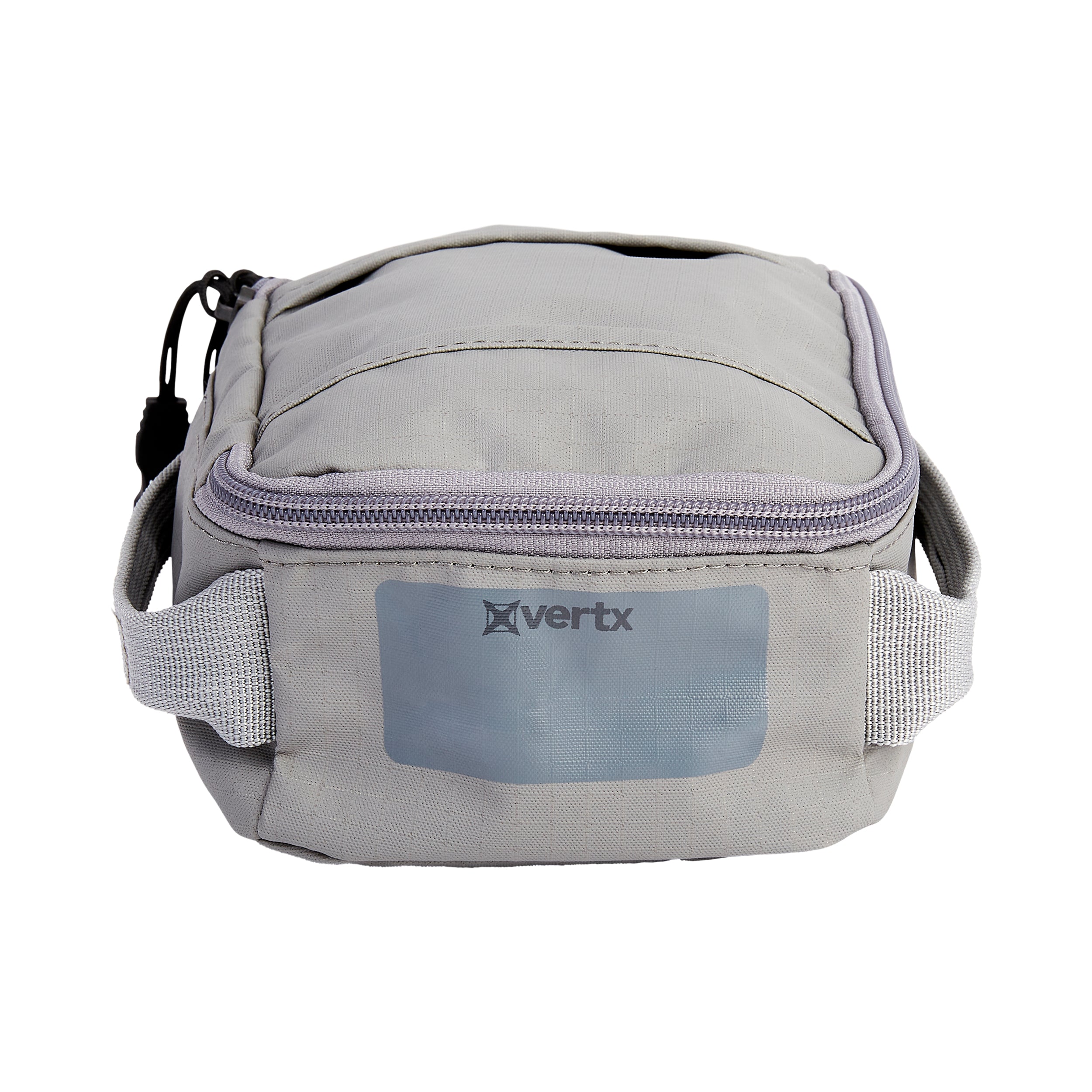 Product shot of a Vertx gray travel bag featuring a zipper closure, sturdy gray handles, and a subtly textured fabric.