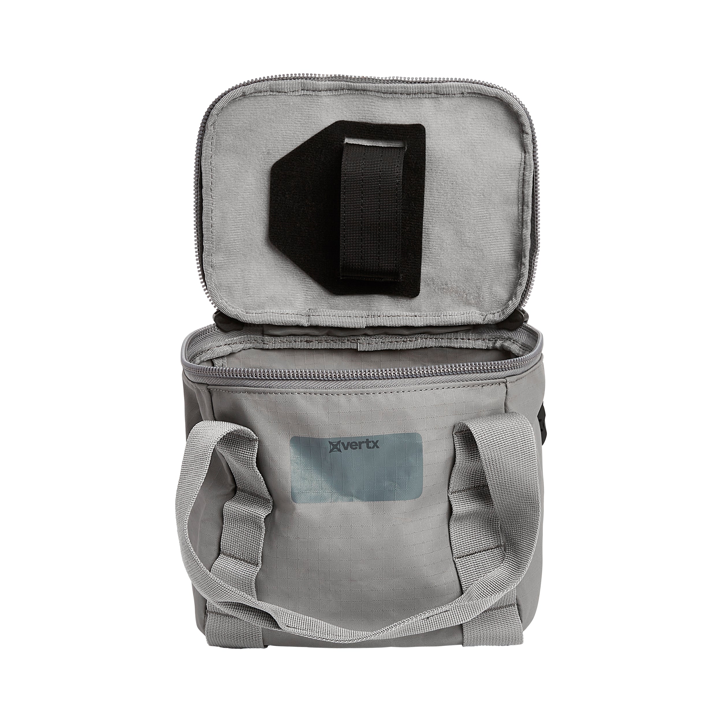Product shot of a gray Vertx bag featuring a zipper, two sturdy handles, and an internal padded divider with a Velcro strap