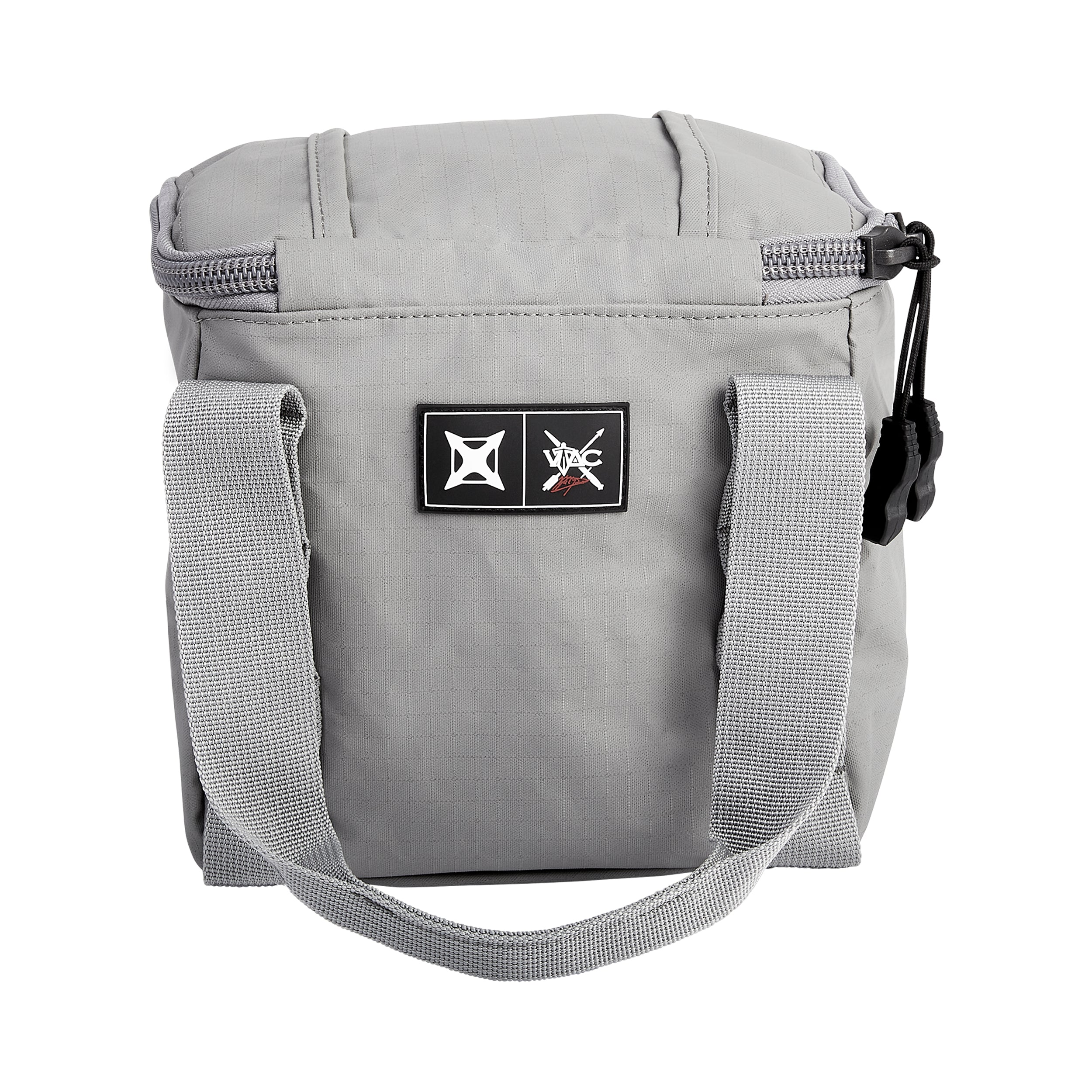 Product shot of a grey Vibe brand insulated lunch bag featuring a zipper closure, two fabric handles, and a black logo patch