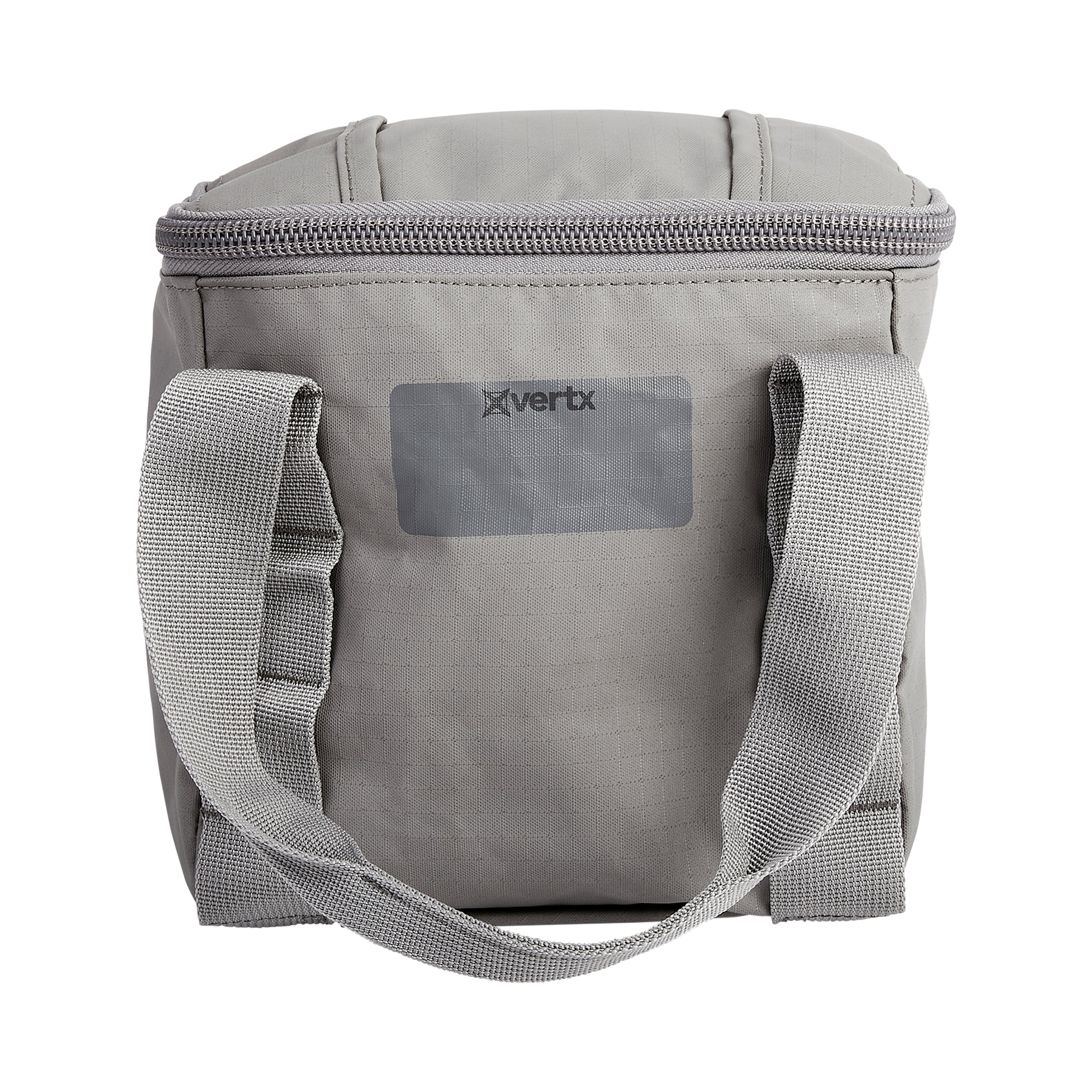 Product shot of a grey Vertex insulated lunch bag featuring a top zipper, sturdy grey straps, and a subtly textured fabric