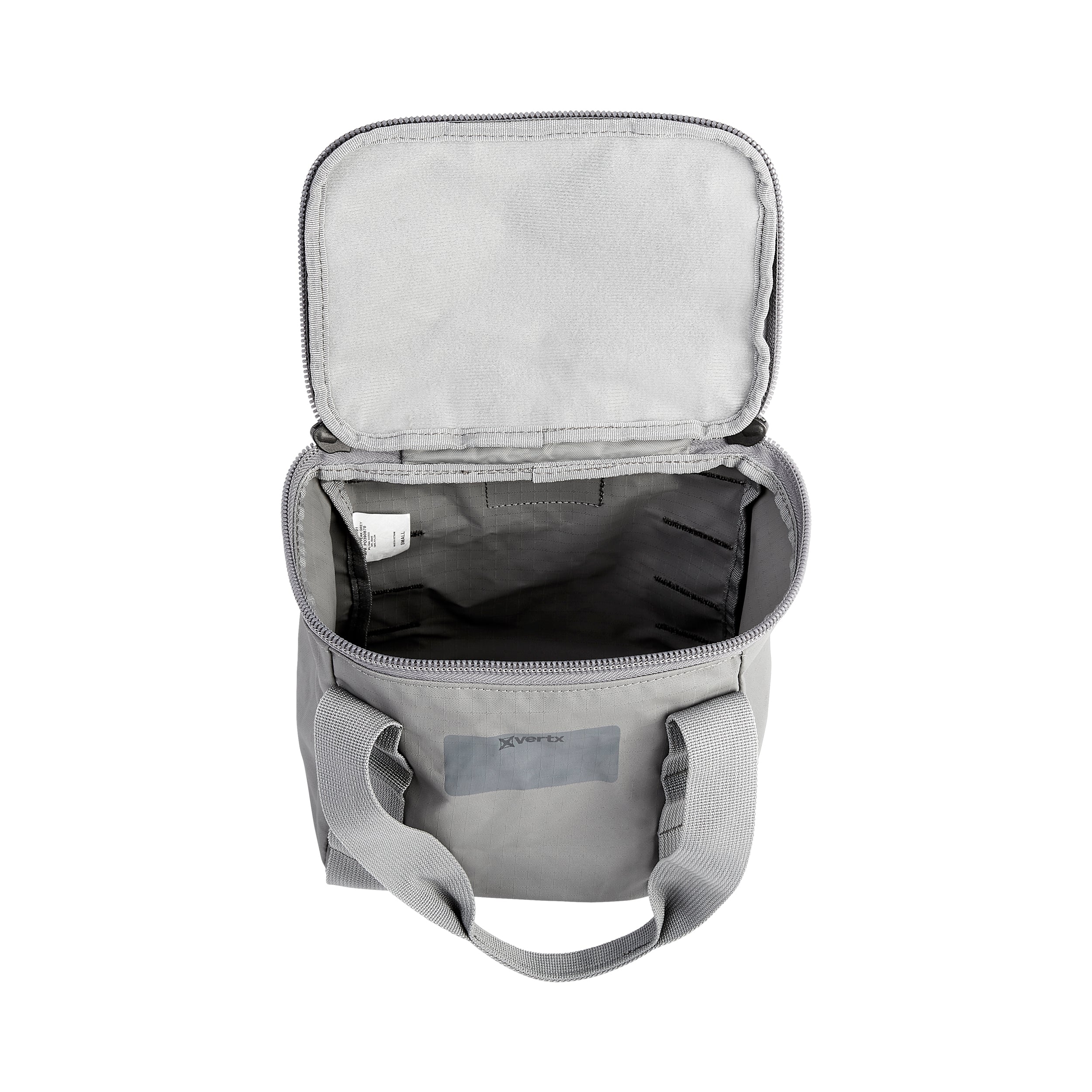 Product photography shows a Vertx gray fabric bag with zipper closure, top handles, and a light gray interior featuring a small internal pocket