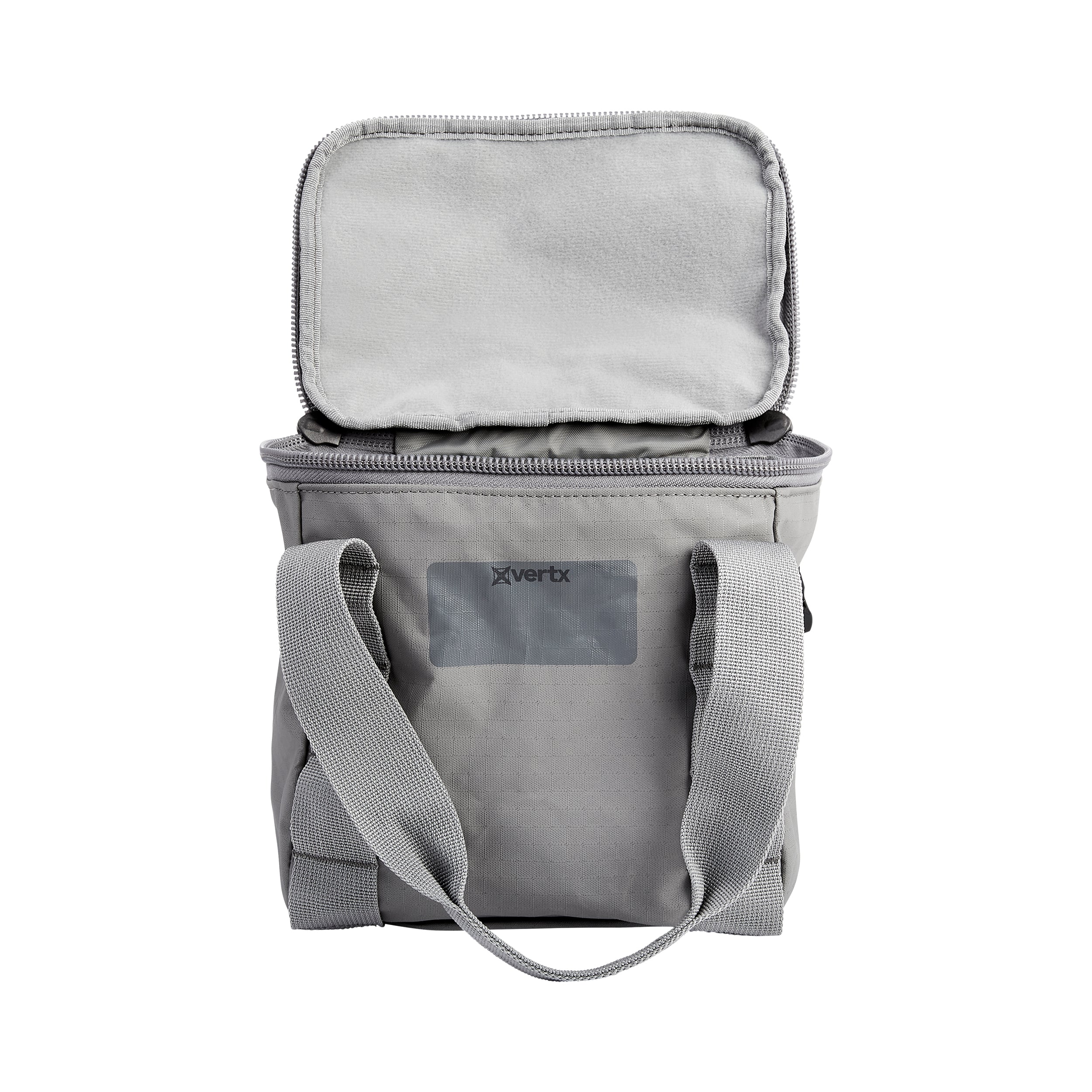 Product shot of a grey Vertex insulated lunch bag with top zipper and two fabric handles showing a soft grey interior lining and a small grey logo patch