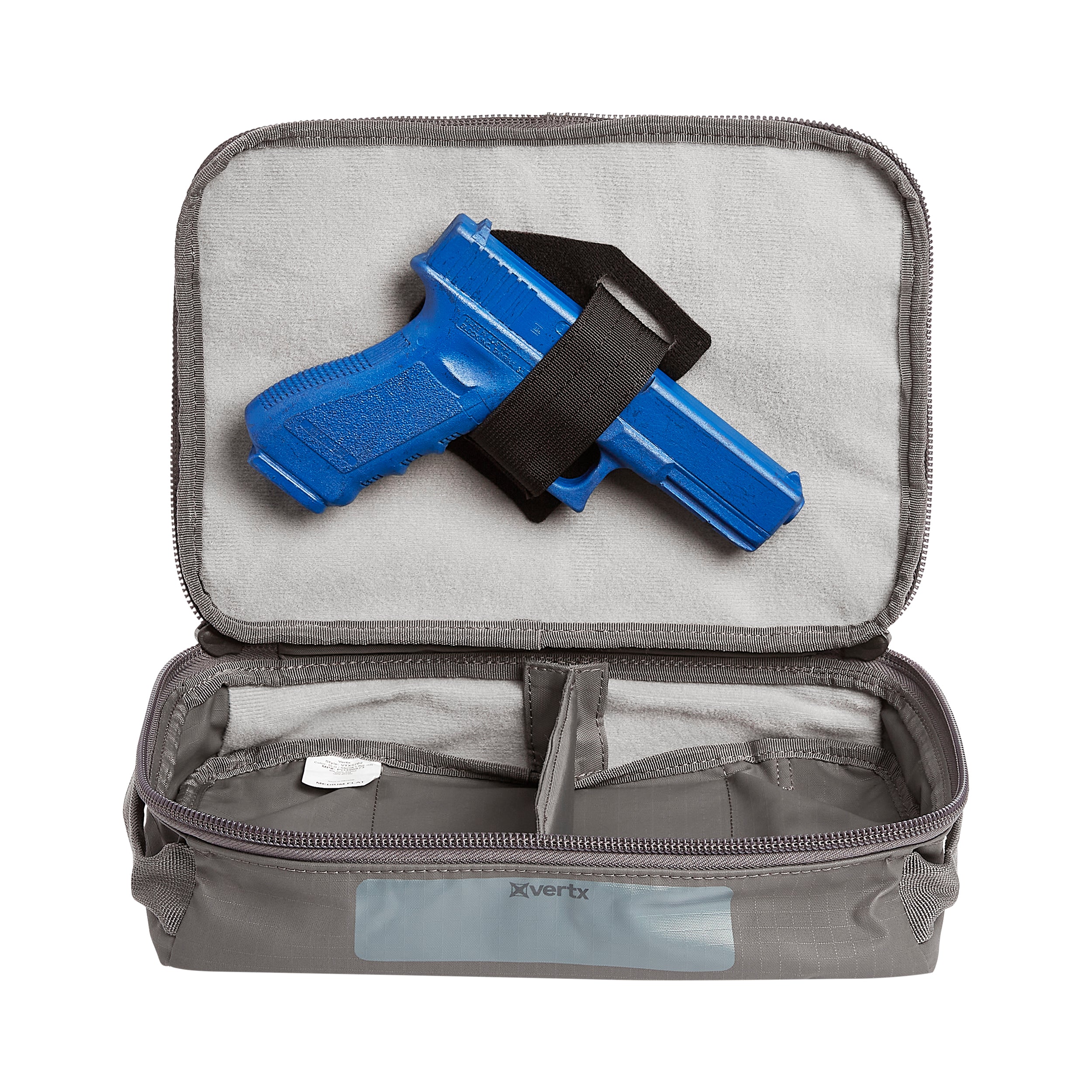 Product photography showing a Vertx gray gun case with a bright blue handgun inside secured by a black strap the case features a soft gray interior and a zipper closure