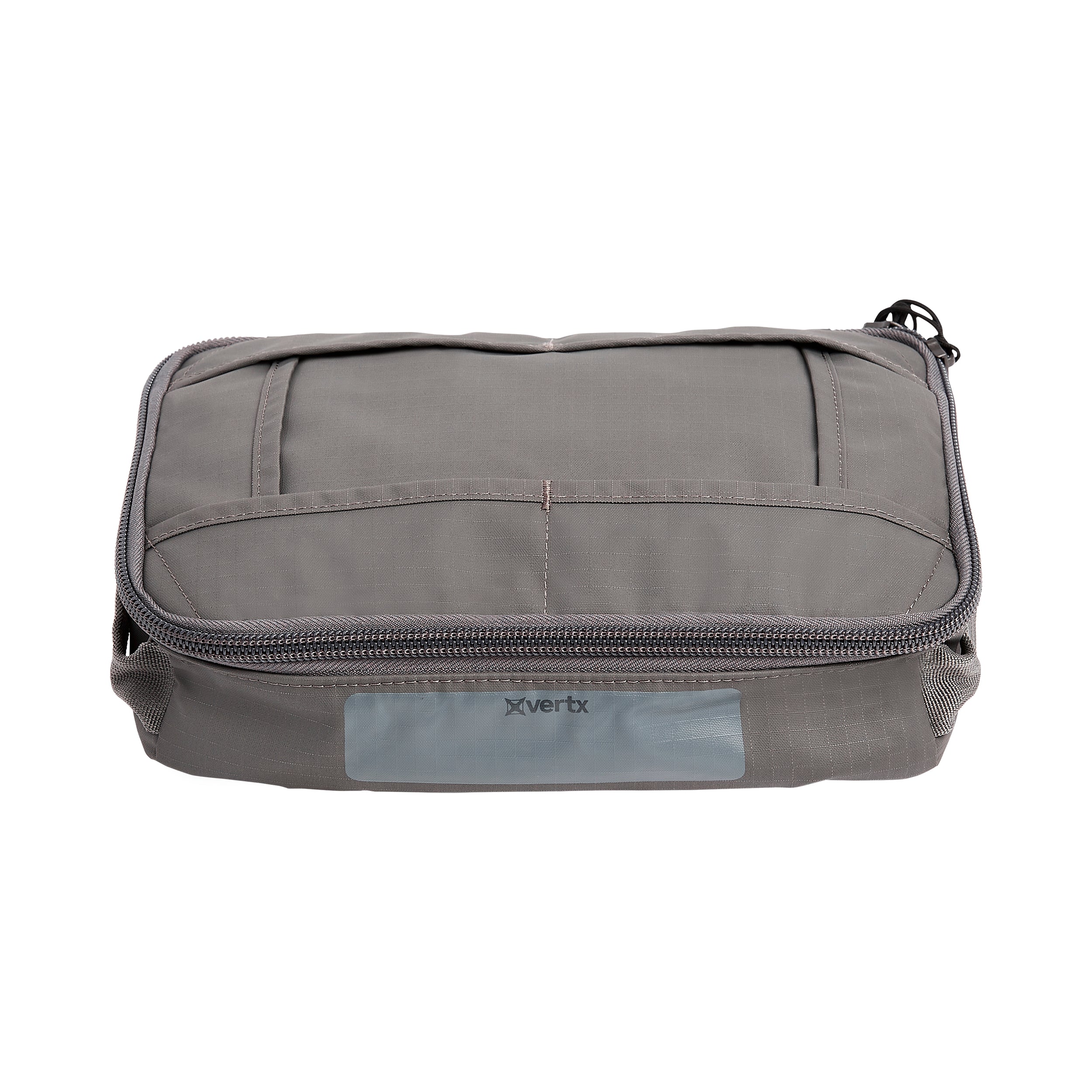 Product shot of a gray Vertx bag featuring a reflective logo, zippered compartments, and durable stitching