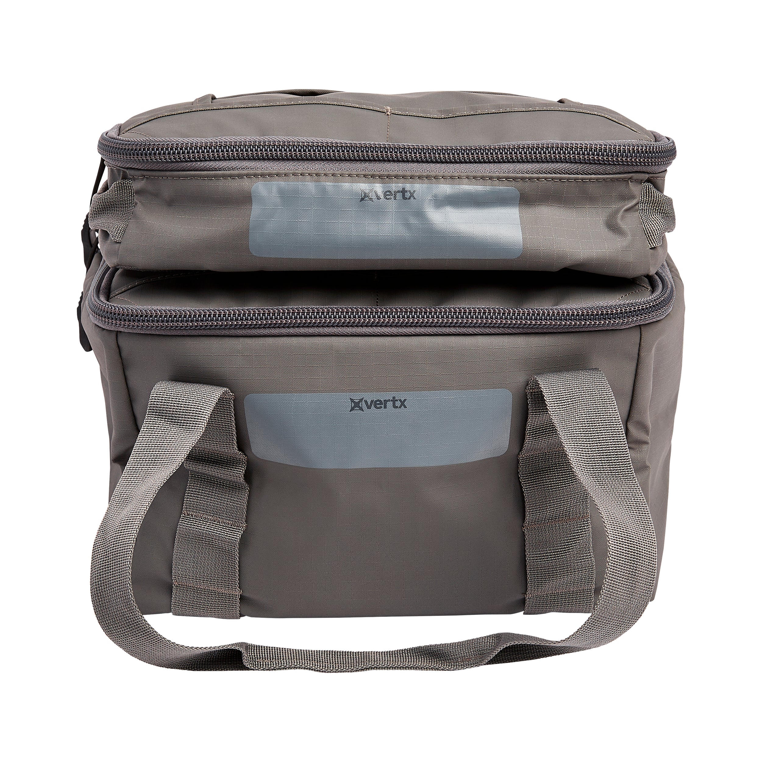 Product shot of a gray Xvertx two-compartment insulated bag with zipper closures and sturdy handles showcasing a reflective gray Xvertx logo detail and textured fabric