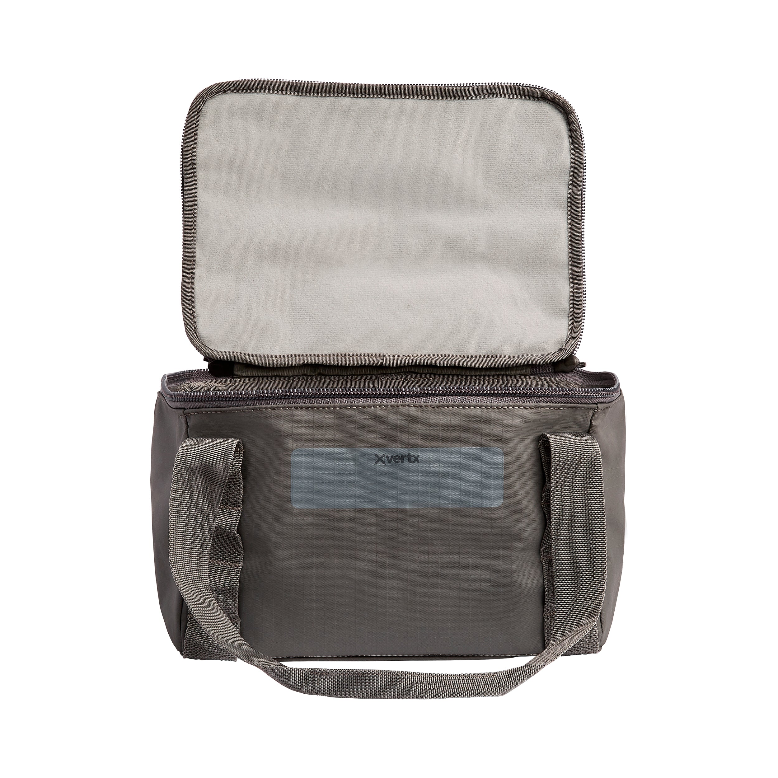 Product shot of a Xvertx gray insulated lunch bag with a light gray interior zippered top and two sturdy dark gray handles showcasing its soft lining and durable fabric