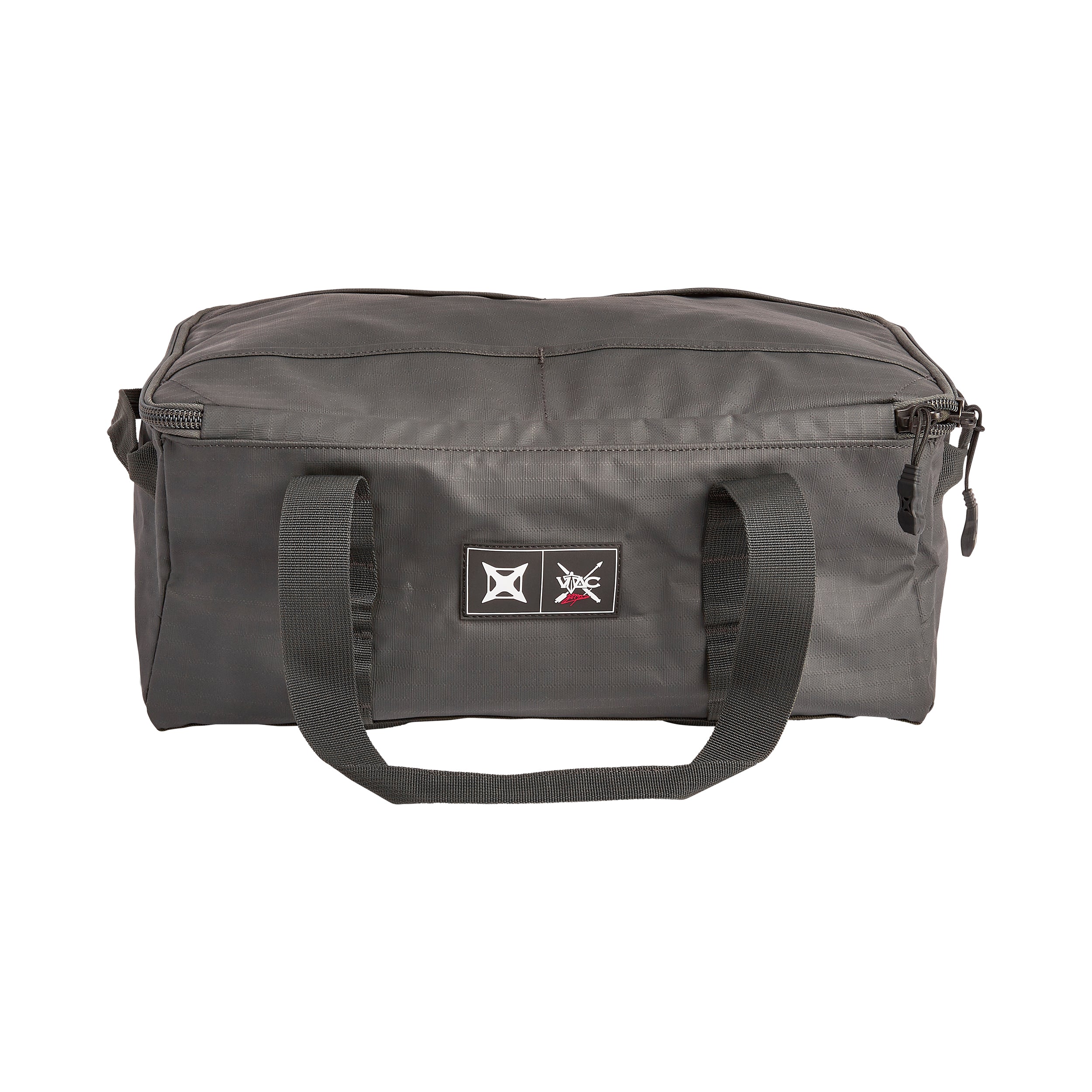 Product photography of a dark gray VXG duffel bag featuring a zipper closure, sturdy handles, and a unique logo patch with red accents