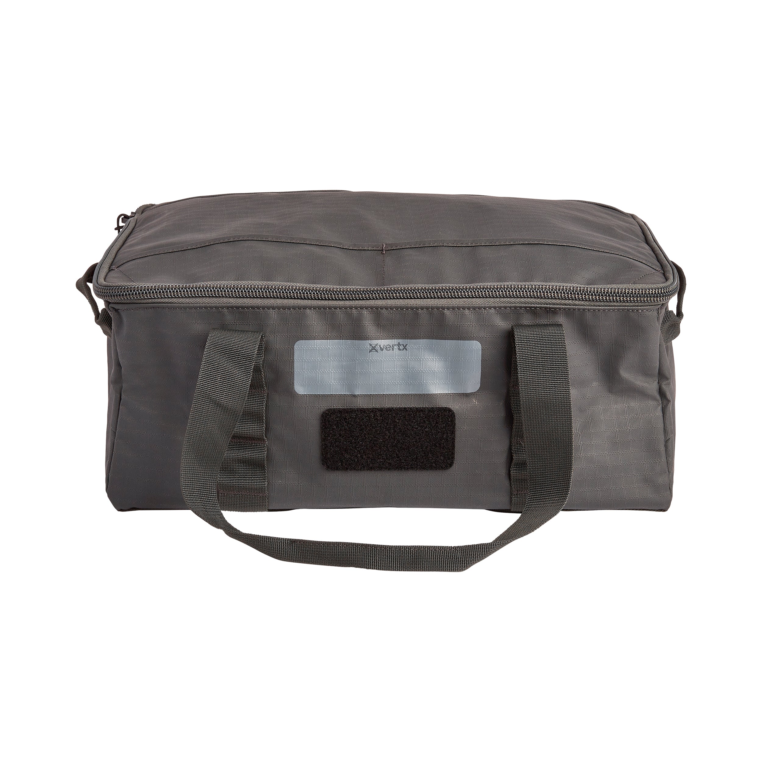 Product shot of a dark gray Xvertx zippered bag featuring a reflective label, sturdy handles, and a Velcro patch.