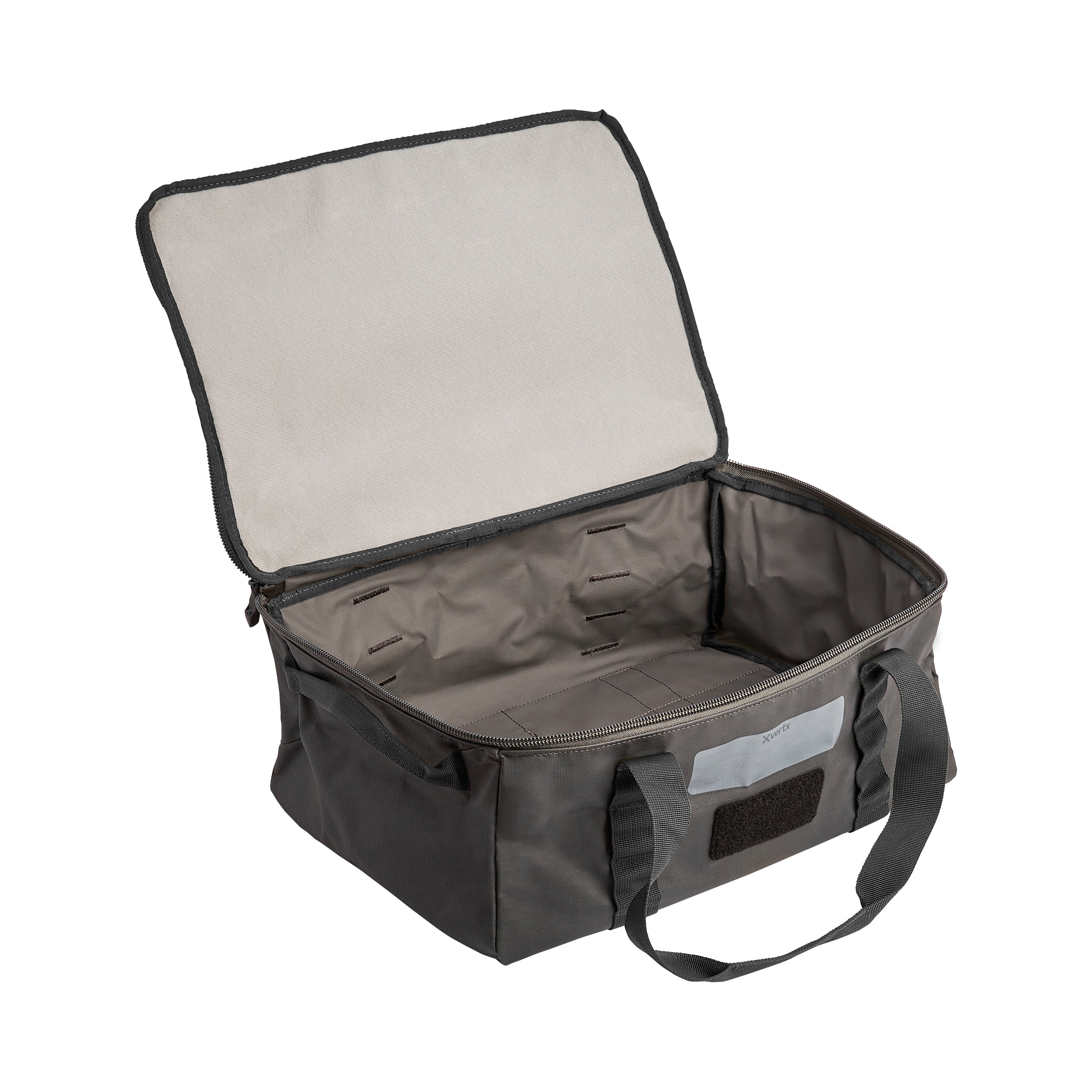 Product shot of an Arc'teryx grey carry bag featuring a light grey interior, two black handles, and a zipper closure