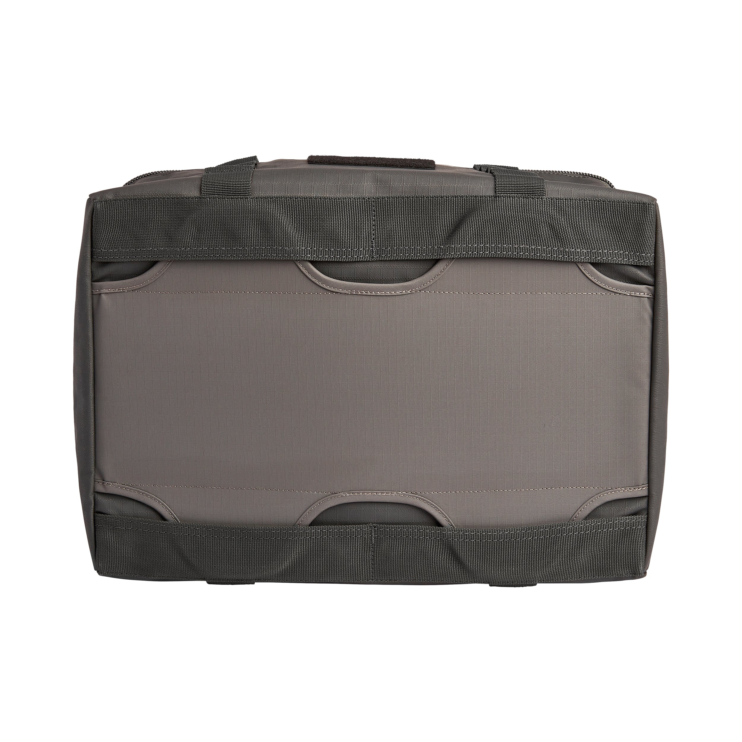 Product shot of a gray nylon travel bag featuring black accents, reinforced stitching, and a top carry handle