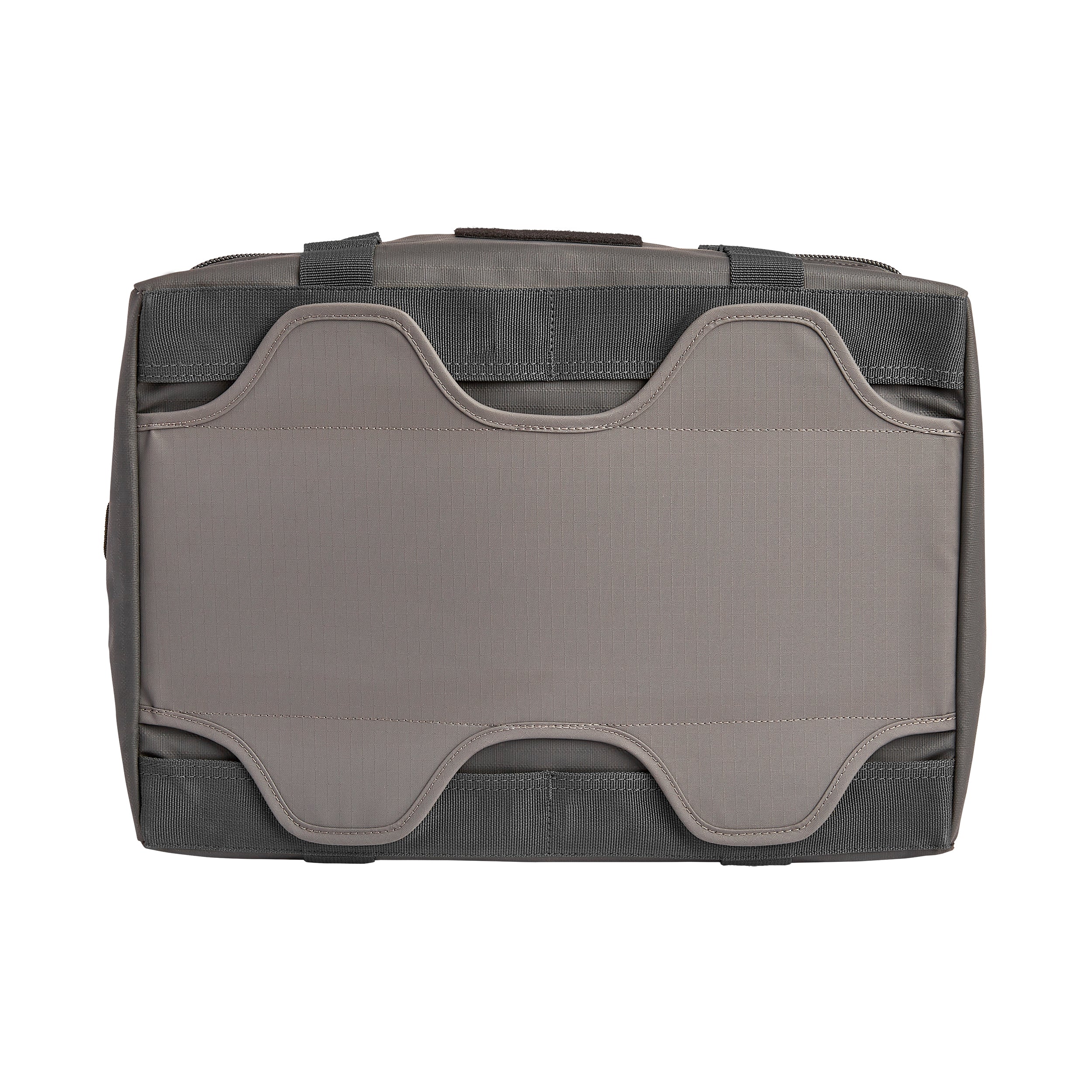 Product shot showing the back of a gray fabric bag with black straps and contrasting stitching details