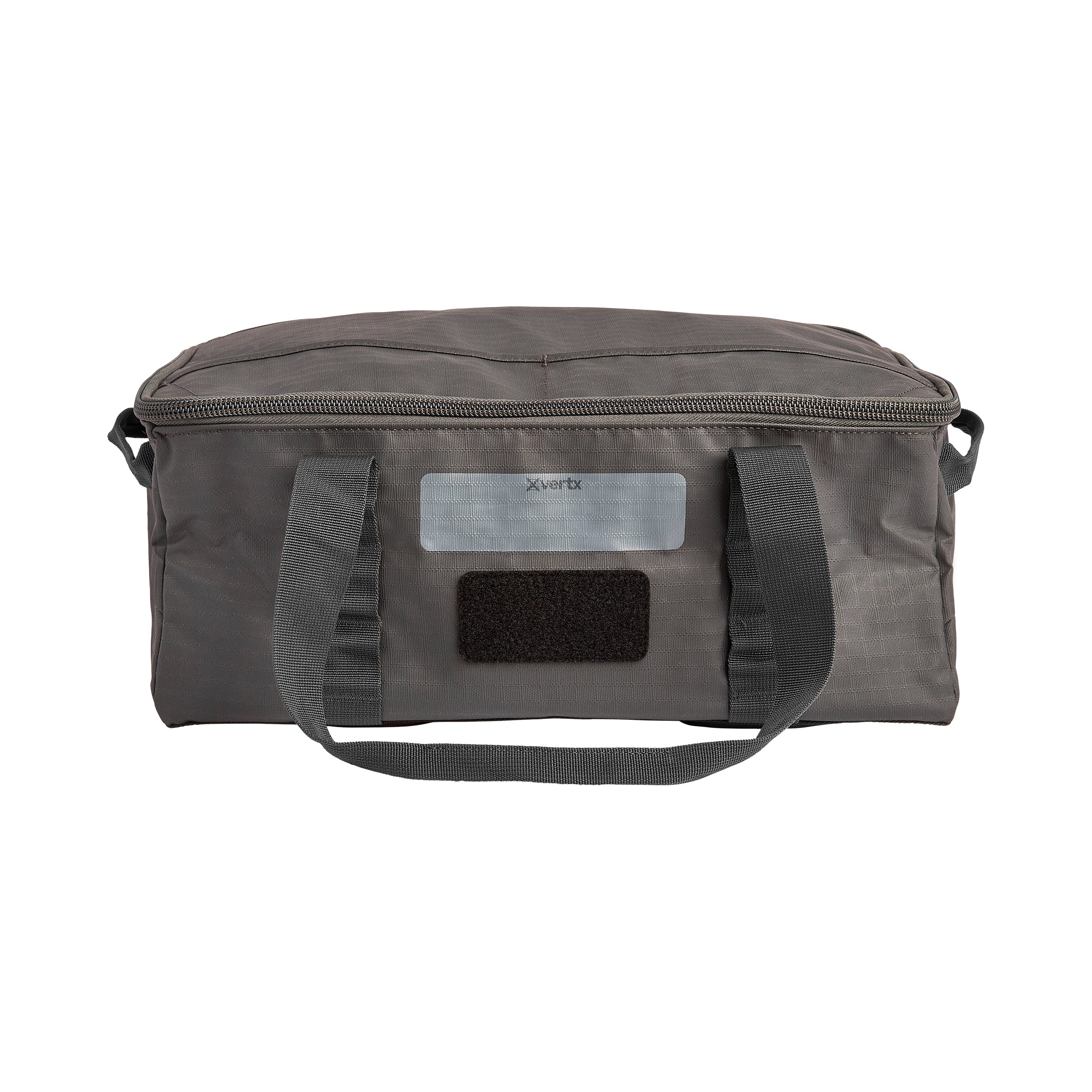 Product shot of a dark gray Vertx tactical bag featuring a zipper, sturdy handles, and a Velcro patch