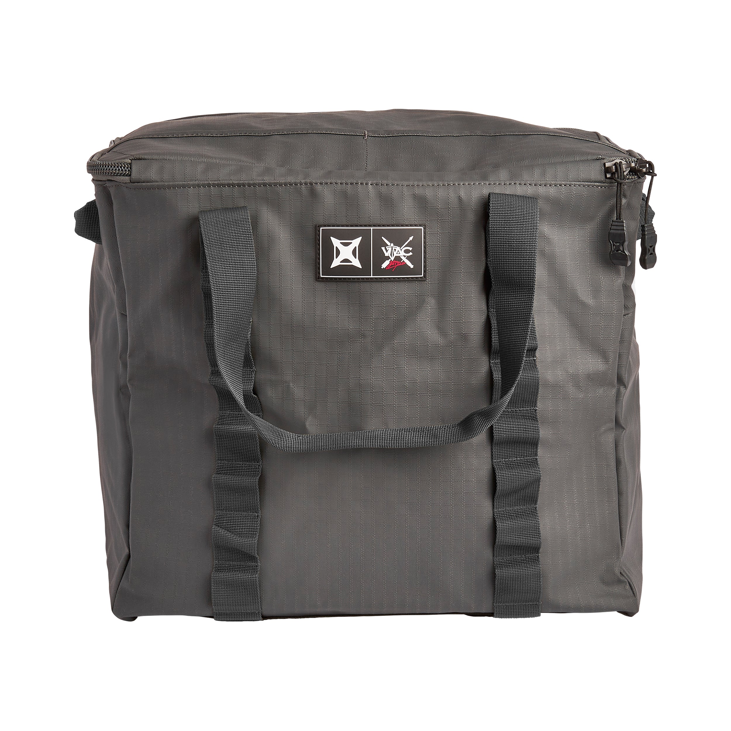 Product shot of a gray VAC bag featuring a zipper top two sturdy handles and a logo patch with a unique design