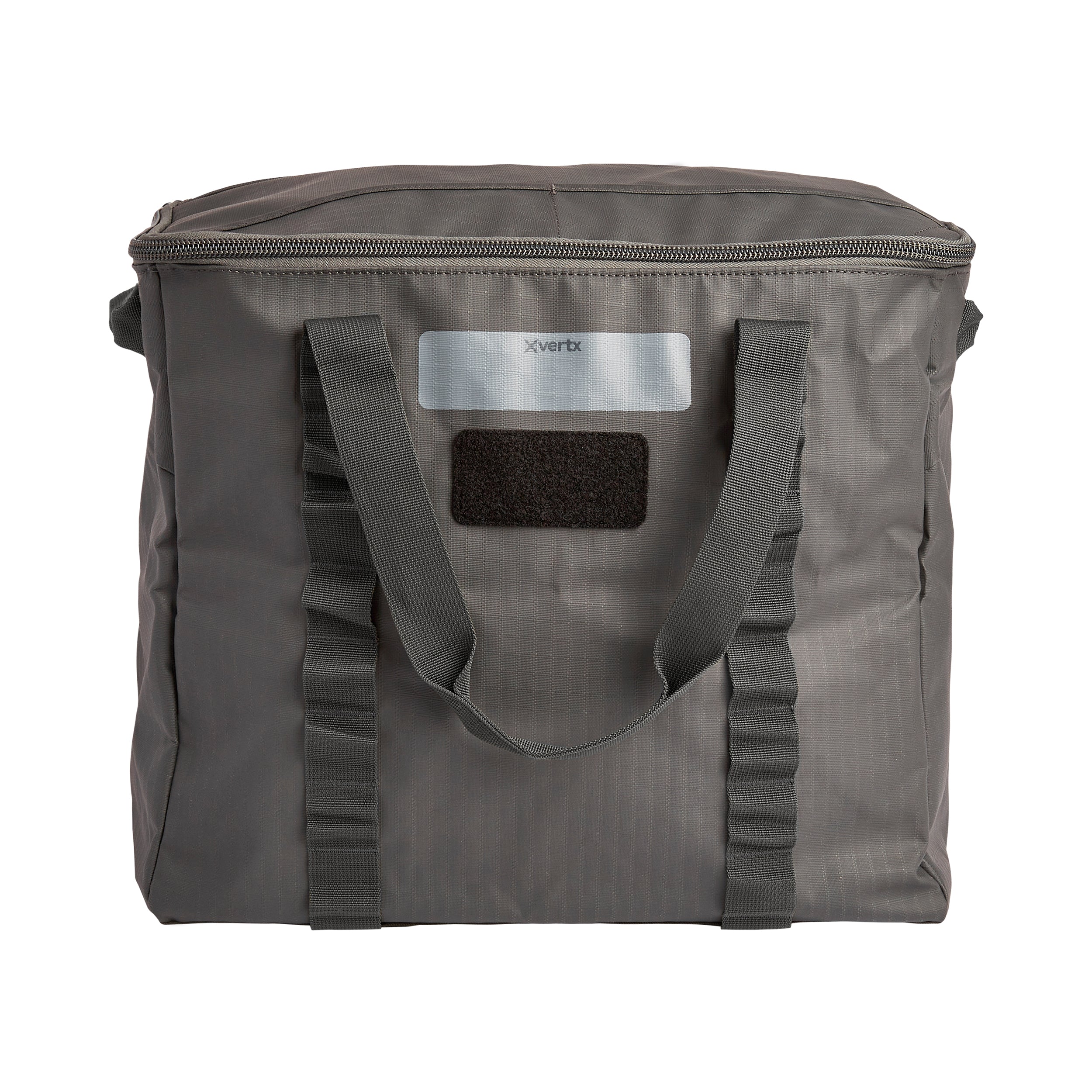 Product shot of a gray Xvertx zippered tote bag with reinforced carrying handles and a Velcro patch