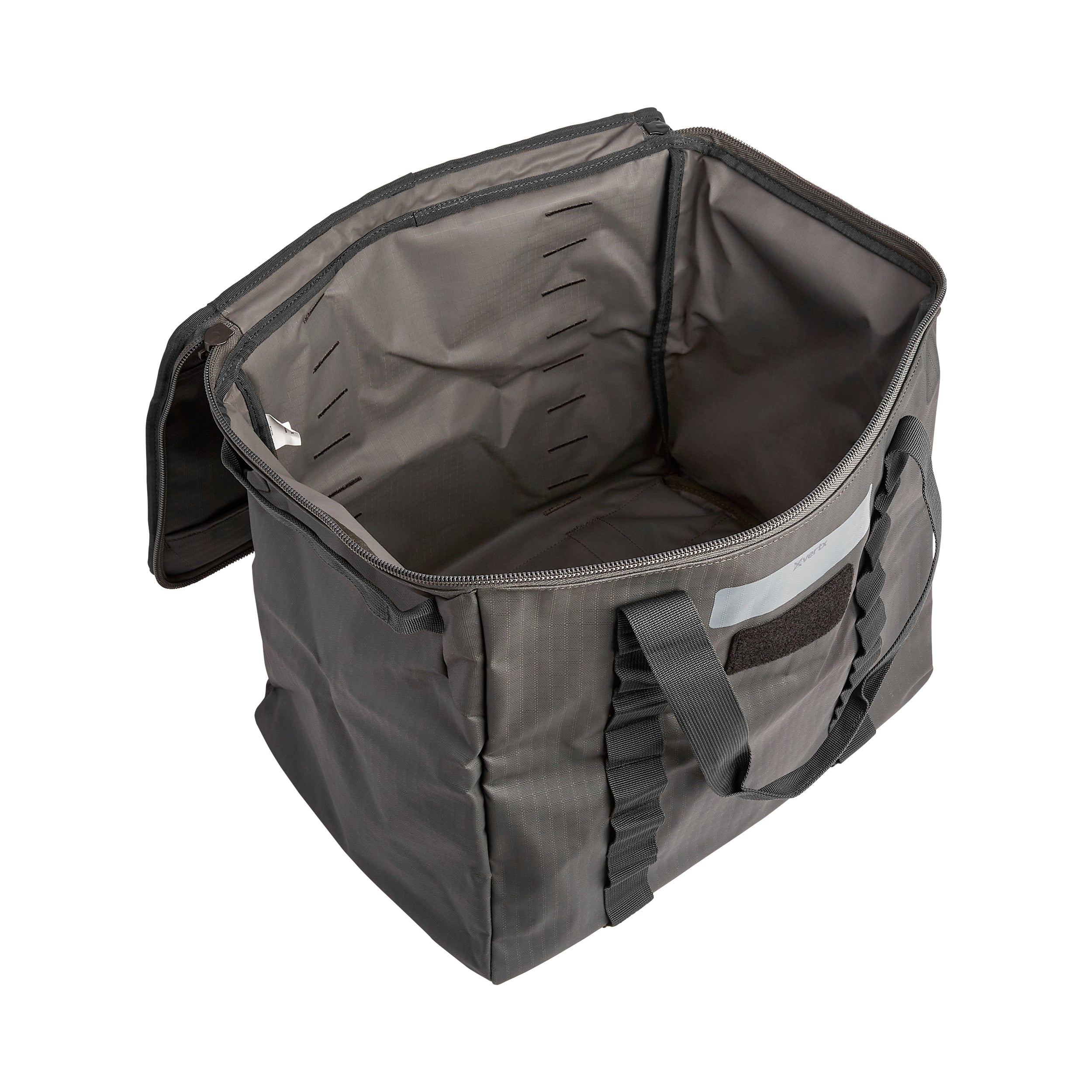 Product shot of an empty gray Avero zippered tote bag with sturdy black handles and reflective detailing on a white background