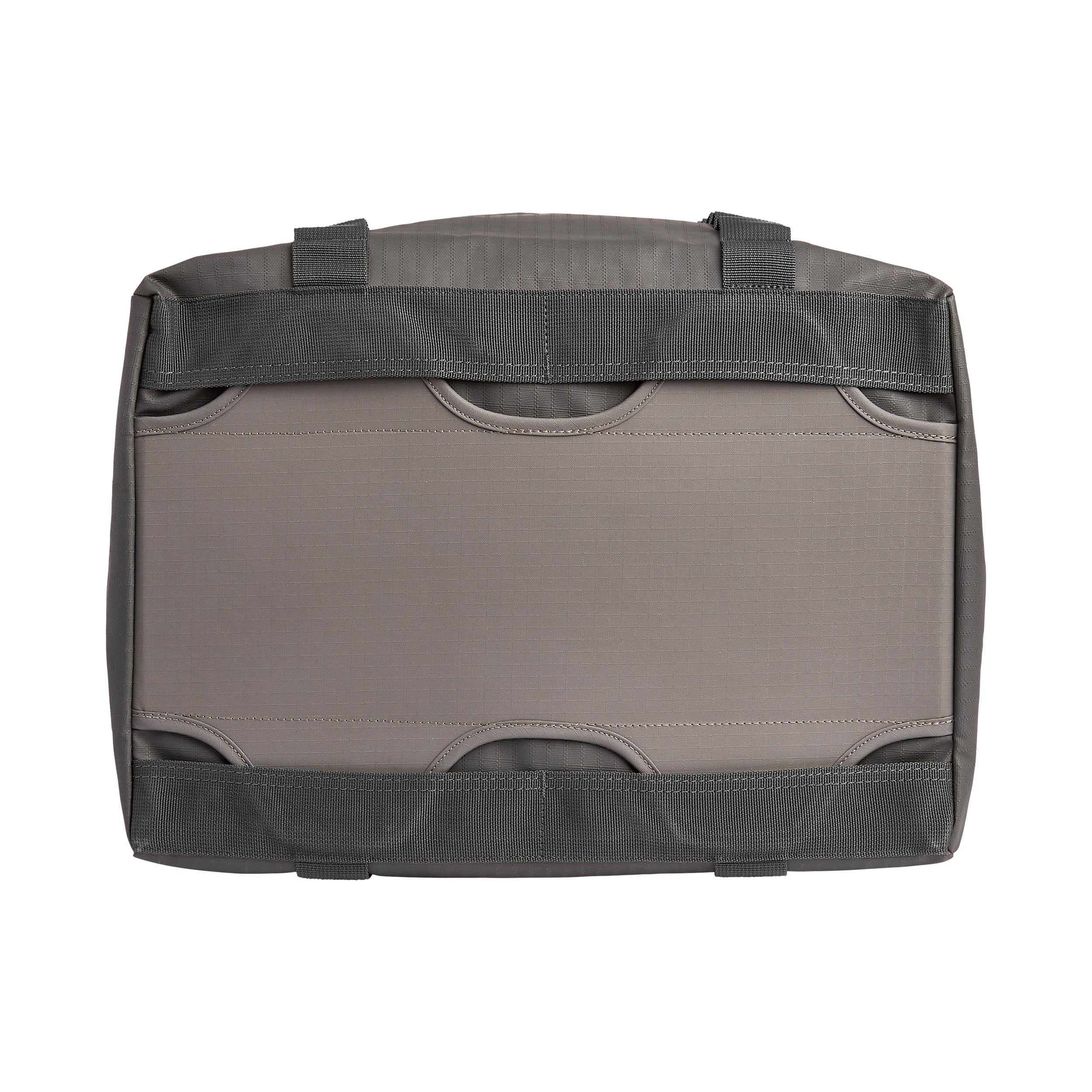 Product shot showing the back of a grey nylon bag with dark grey accents, featuring a padded center section and reinforced stitching details