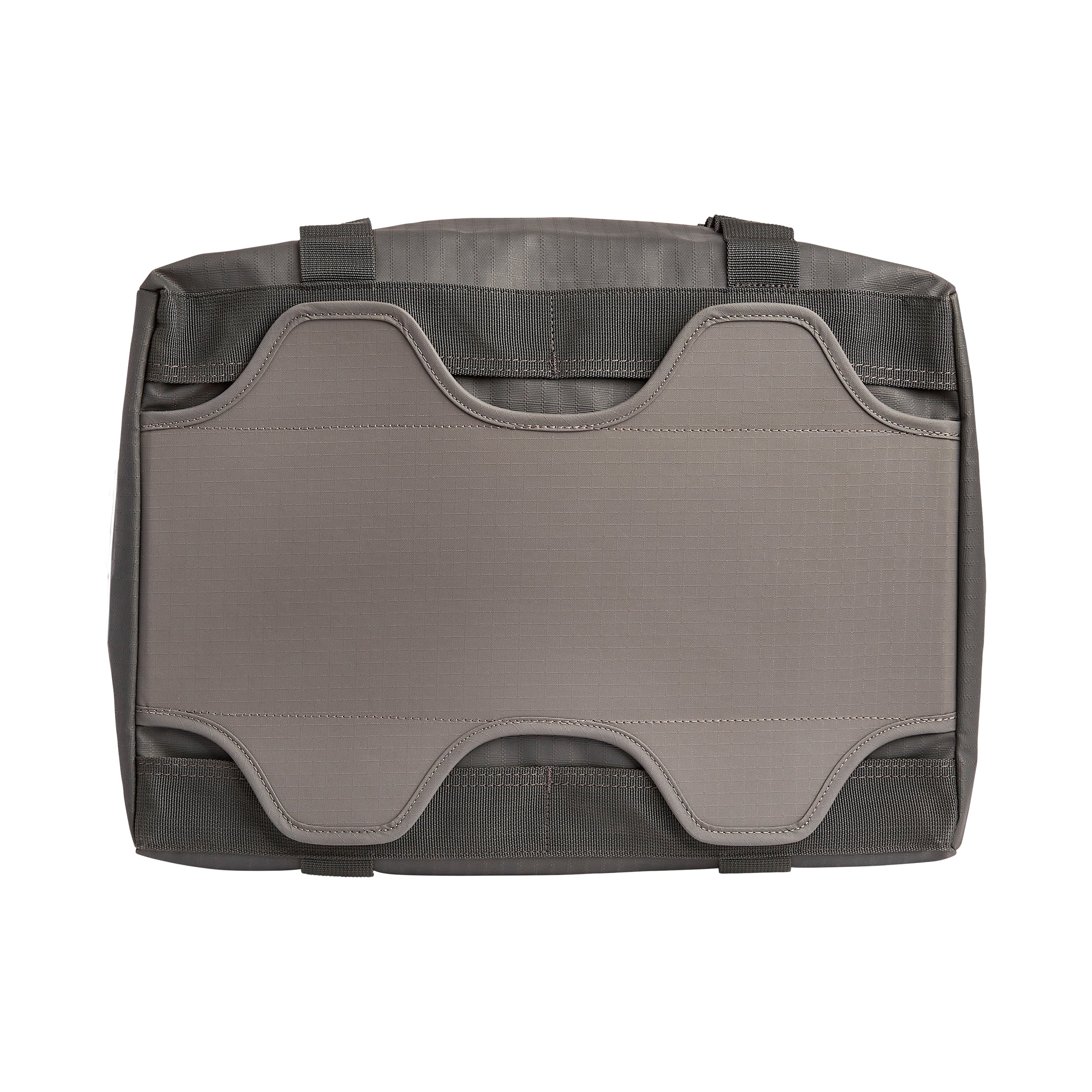 Product shot of a gray fabric bag showing a padded back panel with stitched detailing and dark gray straps