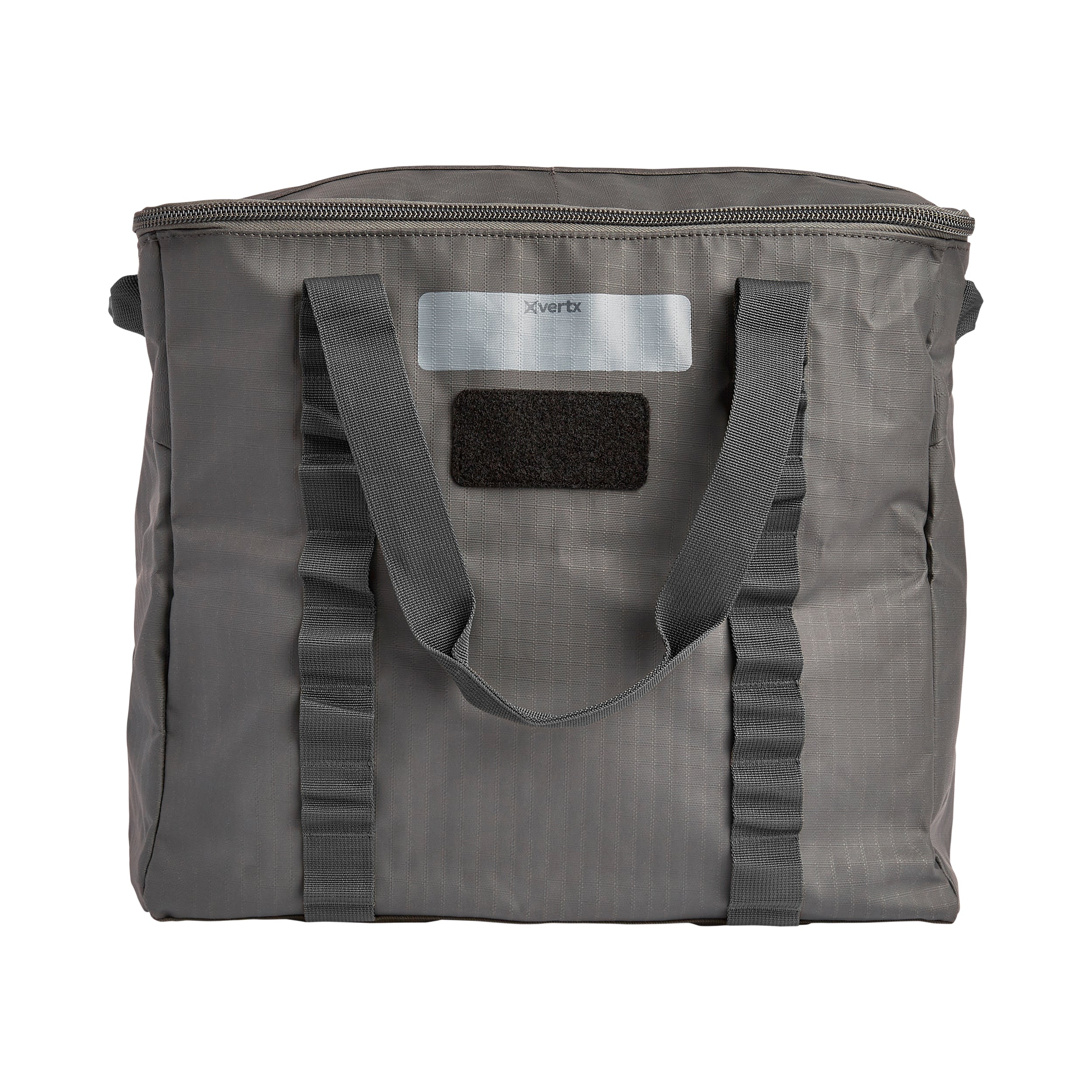 Product shot of a gray Xvertx insulated bag featuring a zipper top reinforced handles and a Velcro patch.
