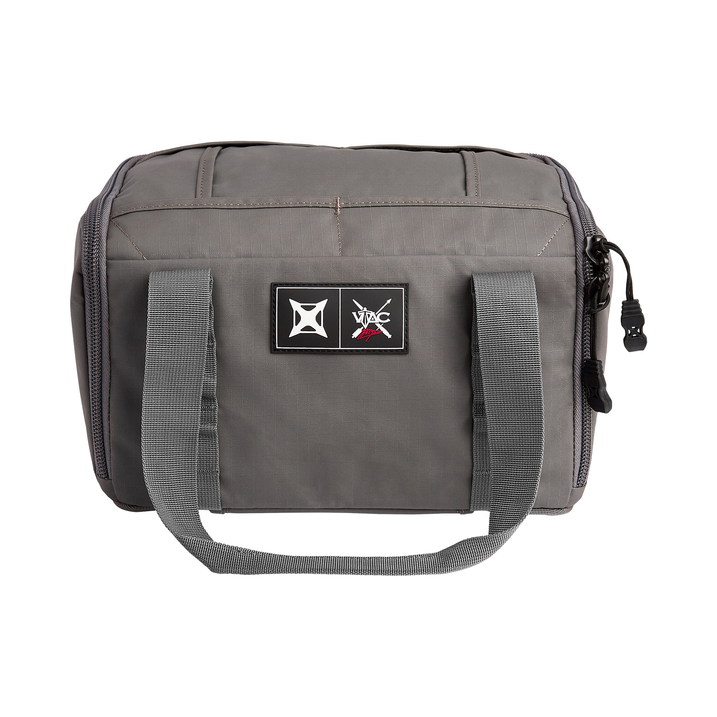 Product shot of a gray ViPac tactical bag featuring a logo patch, sturdy grey straps and black zipper pulls