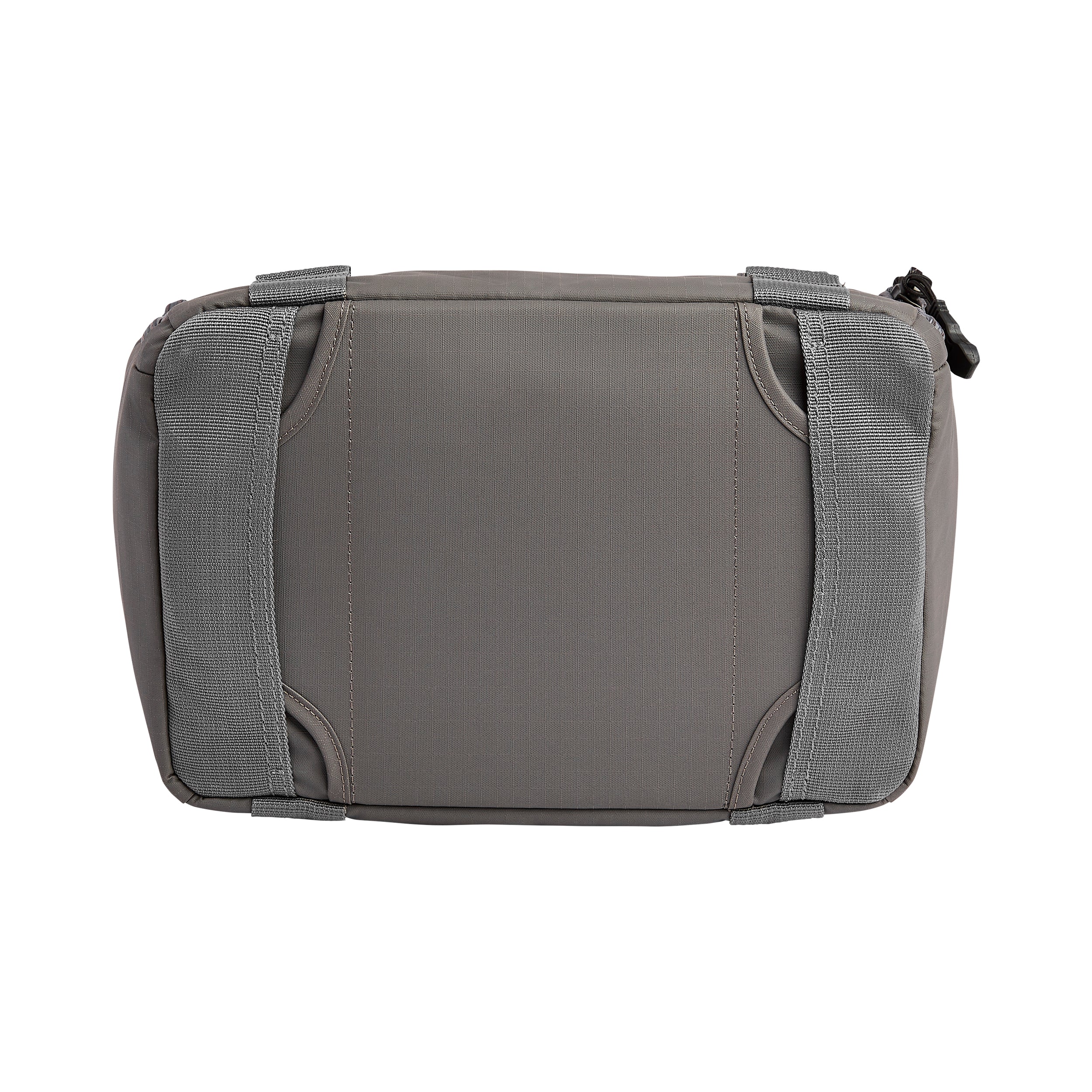 Product shot of a grey fabric waist bag featuring reinforced stitching, adjustable straps, and a zipper closure
