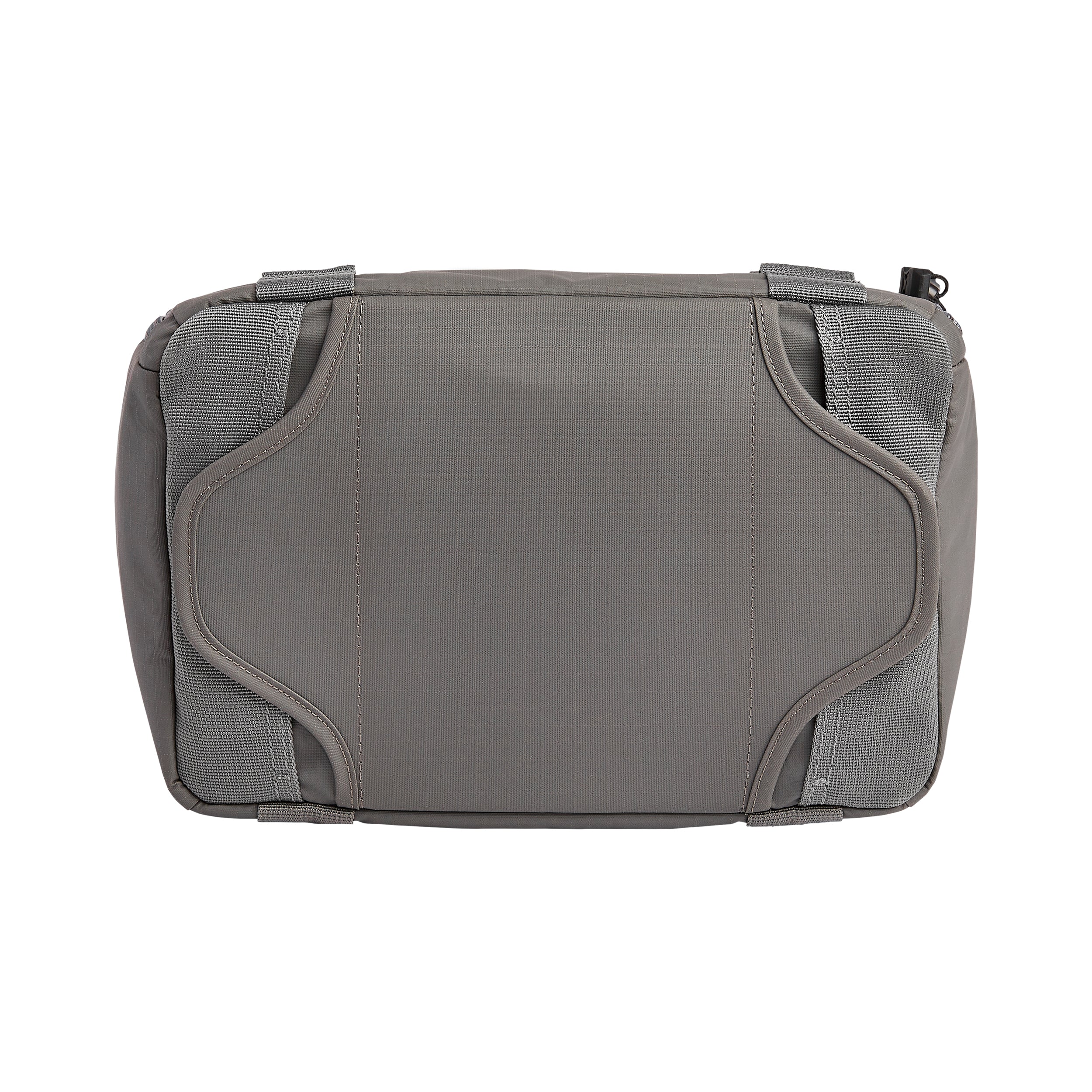 Product shot of a gray textile sling bag featuring reinforced stitching, textured fabric and adjustable straps