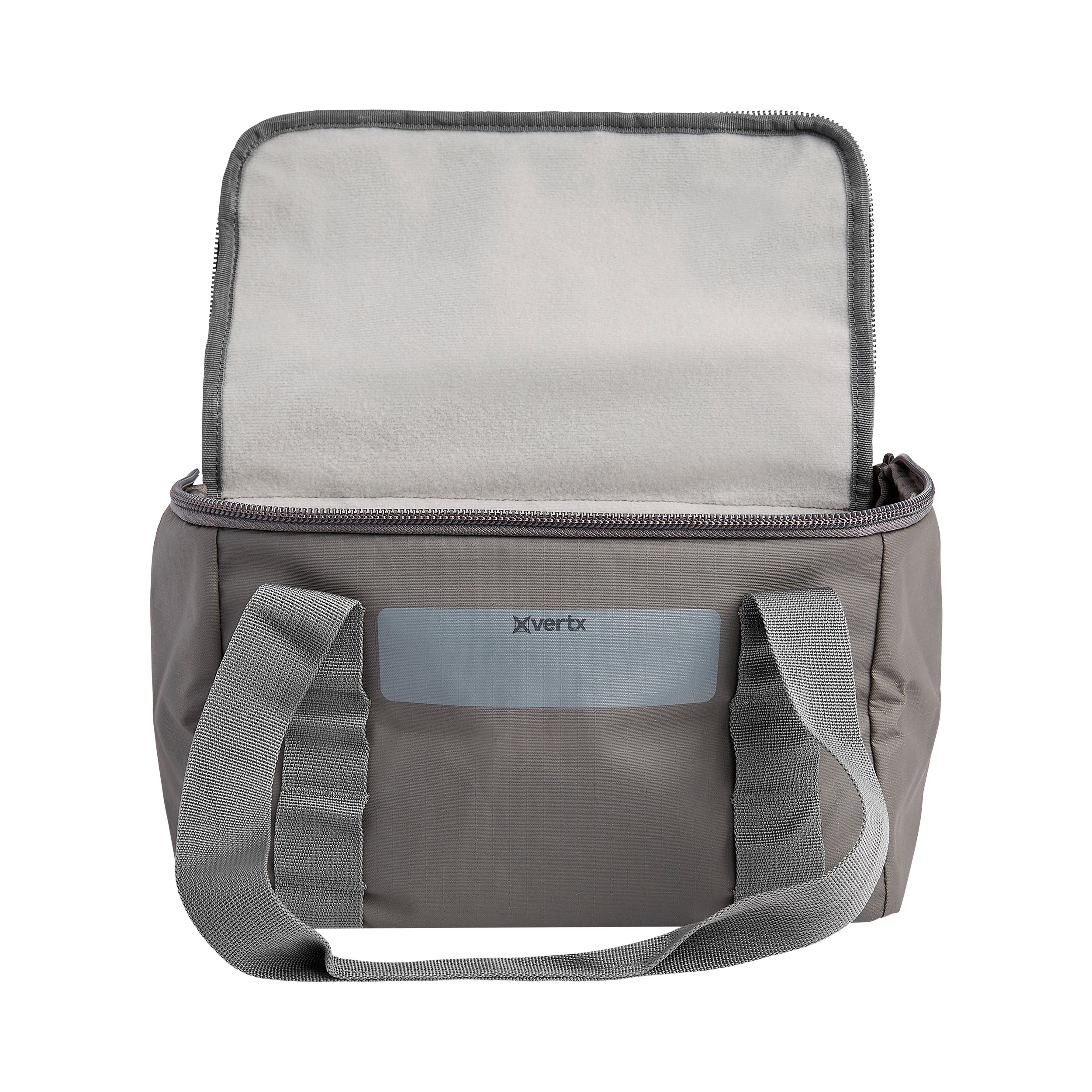 Product shot of a gray Xvertx camera bag with a soft gray interior zippered top and sturdy gray straps