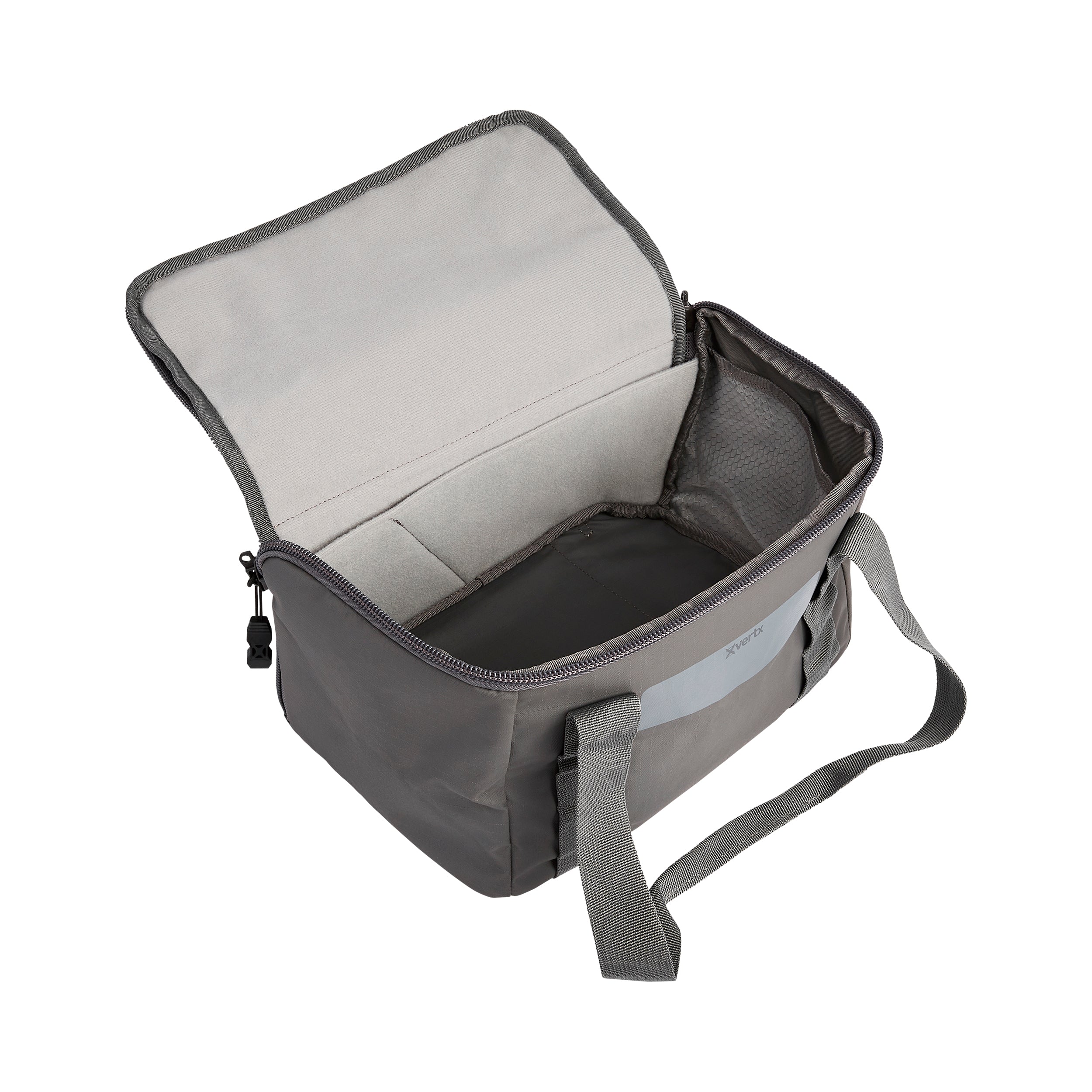 Product shot of a gray Vertex carrying case with a zipper closure, gray interior lining, and two sturdy handles showing off its spacious design